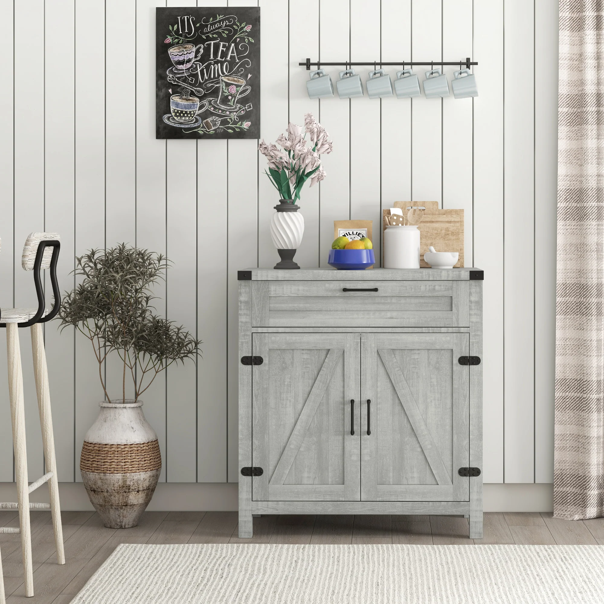 Farmhouse Sideboard, Storage Buffet Cabinet w/ 2 Barn Doors & Drawer, Gray - Image 10