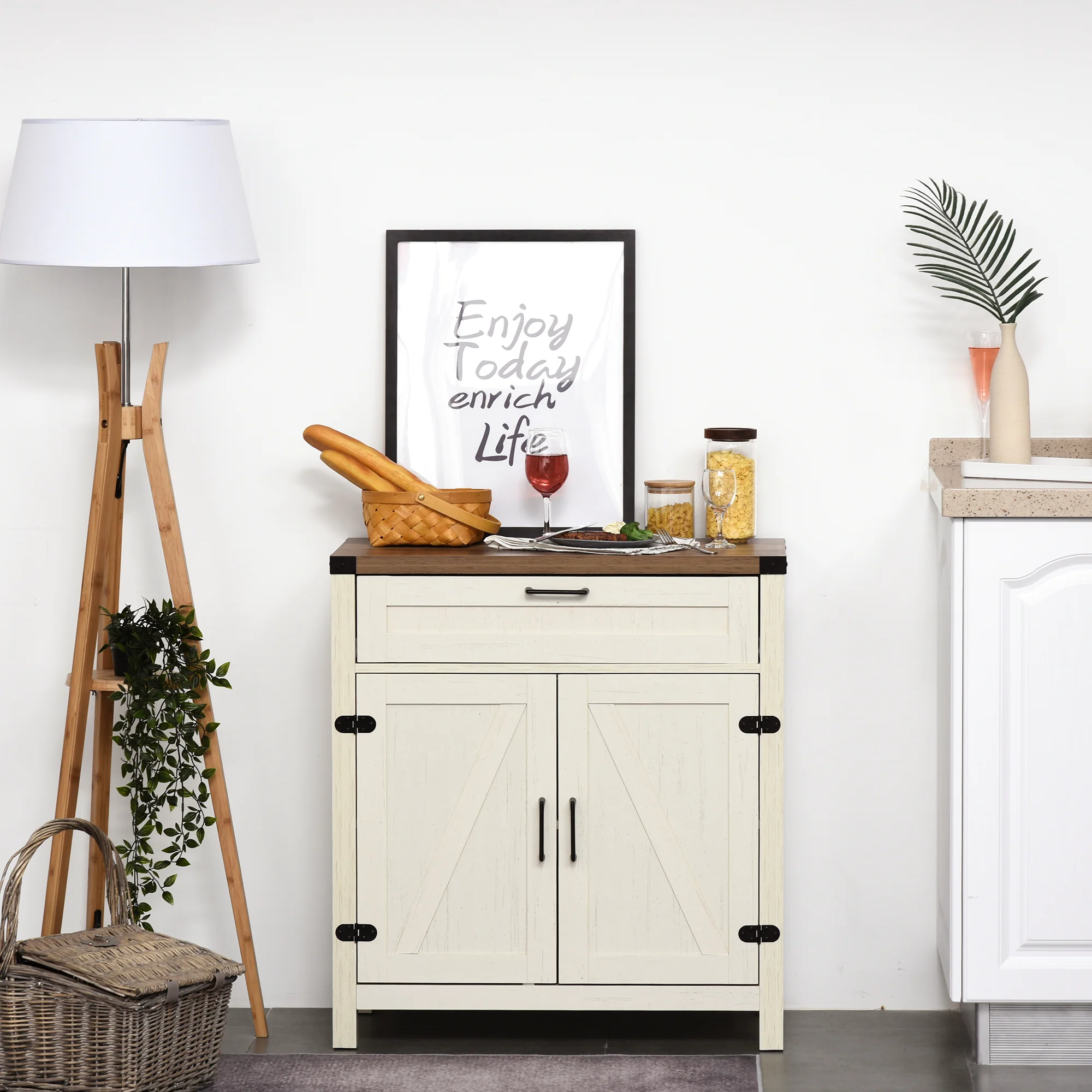 Farmhouse Sideboard, Storage Buffet Cabinet w/ 2 Barn Doors & Drawer, Distressed White - Image 4