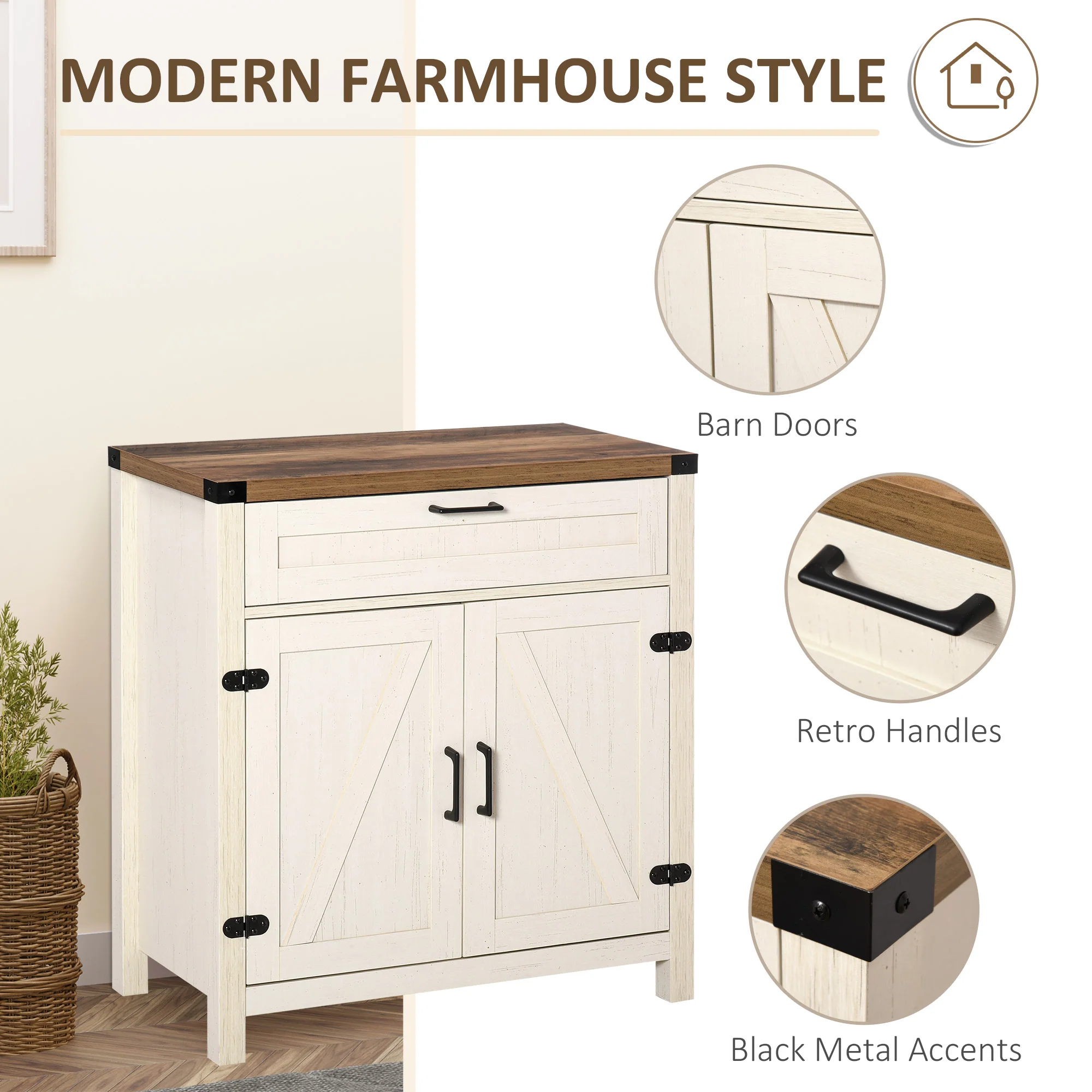 Farmhouse Sideboard, Storage Buffet Cabinet w/ 2 Barn Doors & Drawer, Distressed White - Image 9