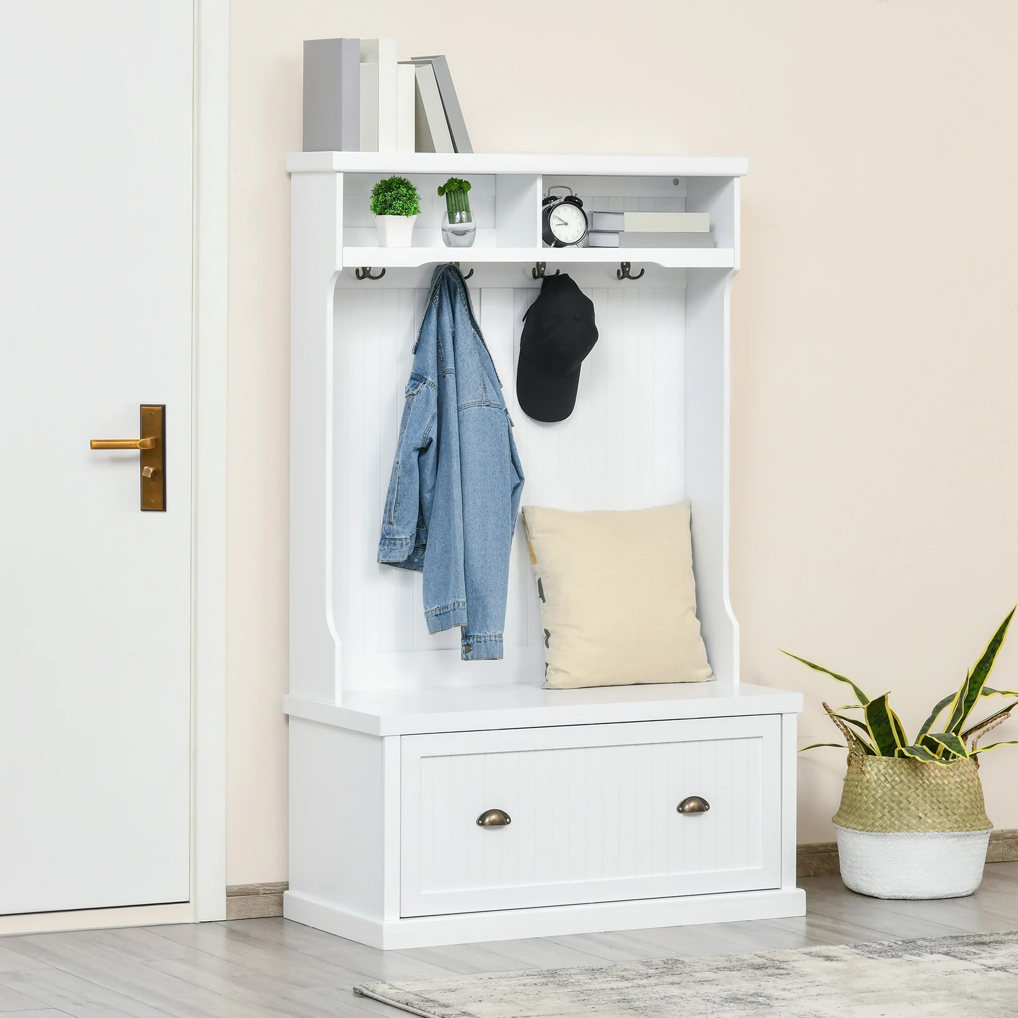 Hall Tree with Shoe Storage Bench, 3-in-1 Wardrobe with 4 Double Hooks & 2 Shelves, White - Image 3