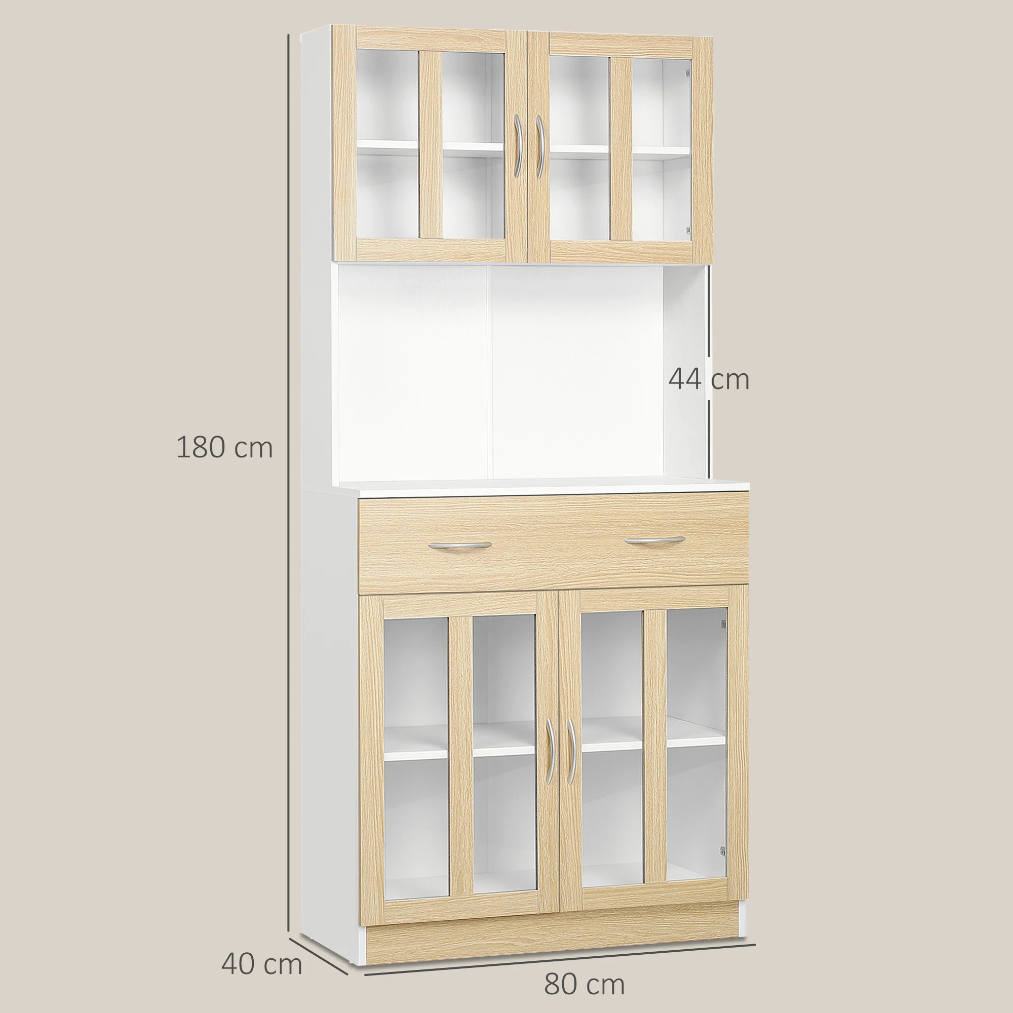 Modern Kitchen Cupboard, Freestanding Storage Cabinet Hutch with Central Drawer, 2 Glass Door Cabinets and Countertop, 180cm - Image 5