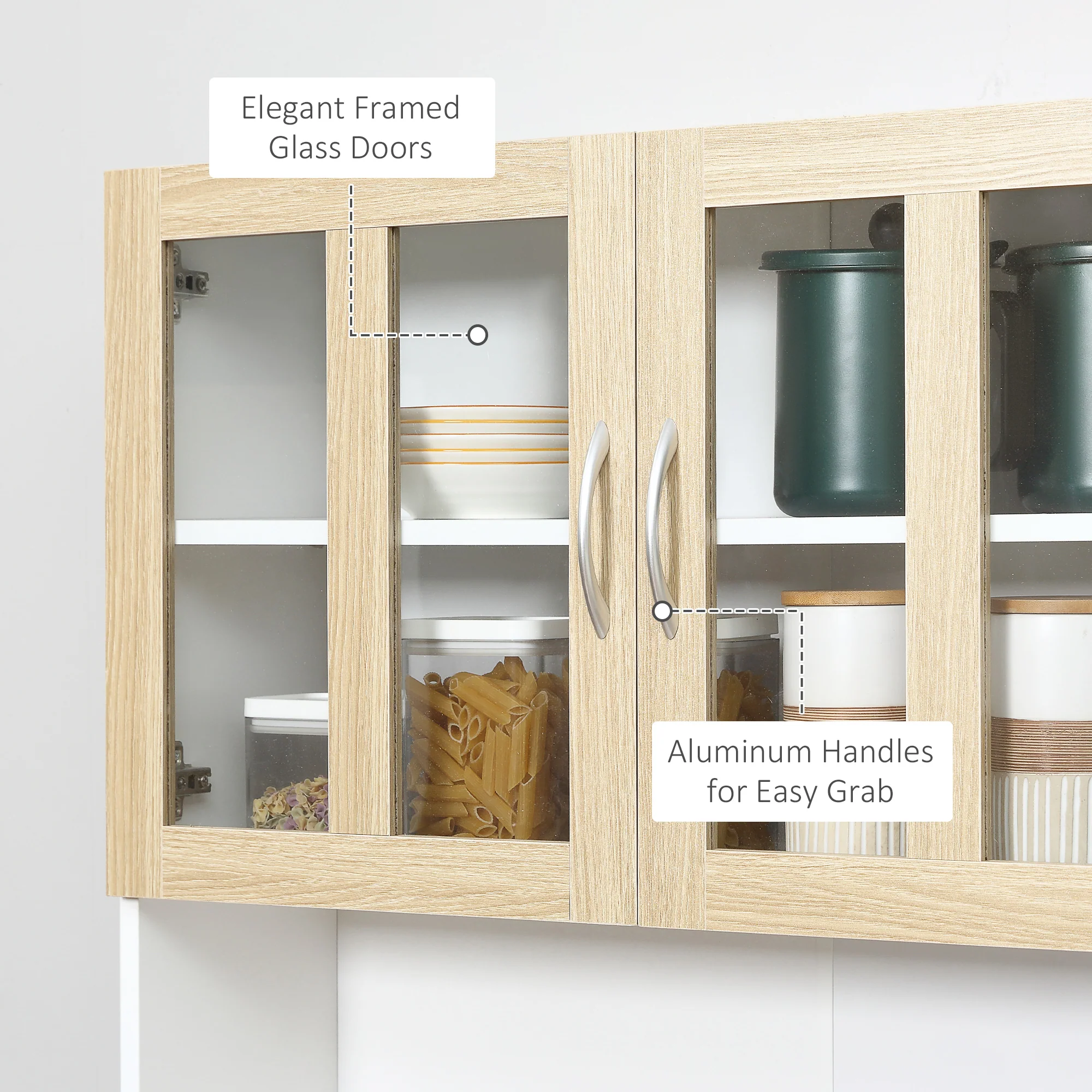 Modern Kitchen Cupboard, Freestanding Storage Cabinet Hutch with Central Drawer, 2 Glass Door Cabinets and Countertop, 180cm - Image 8