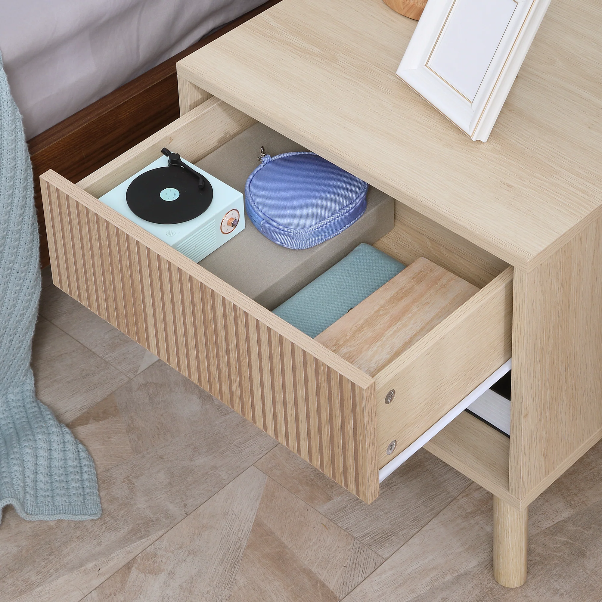 Modern Nightstand with Drawer & Open Shelf, Side End Table for Bedroom, Natural Wood - Image 11