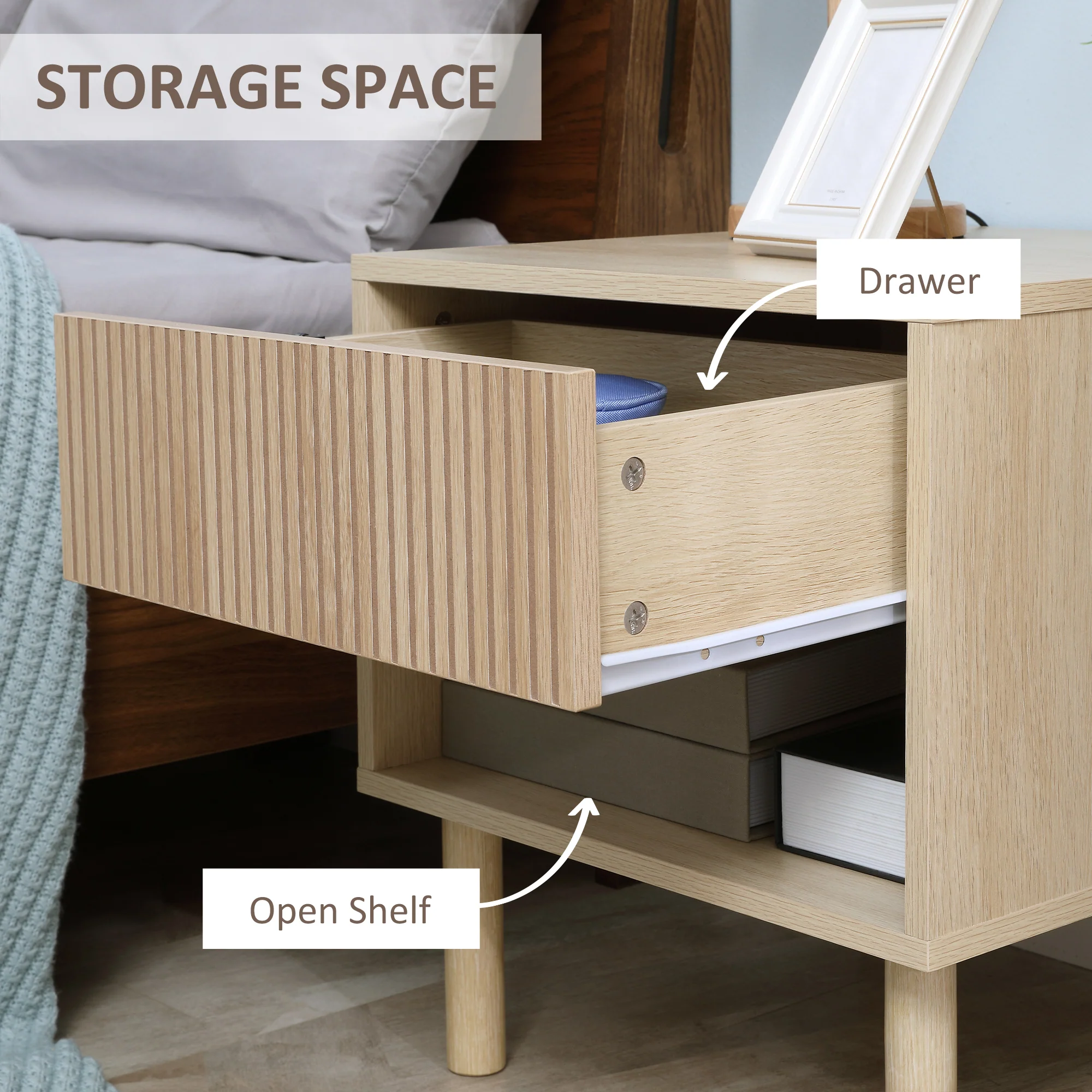 Modern Nightstand with Drawer & Open Shelf, Side End Table for Bedroom, Natural Wood - Image 7