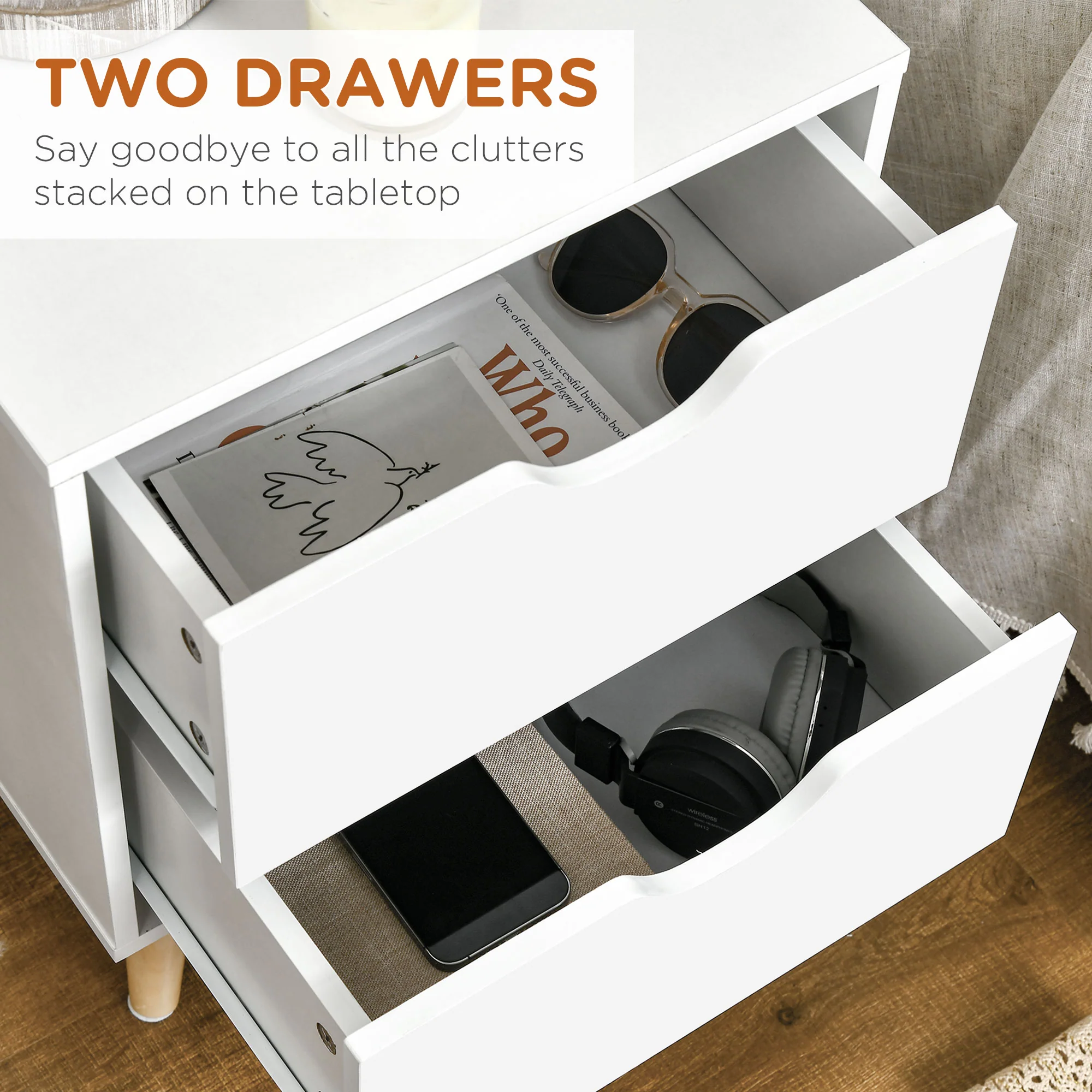 Modern Nightstand, Bedside Table with 2 Drawers, End Table with Wood Legs for Bedroom, White - Image 7