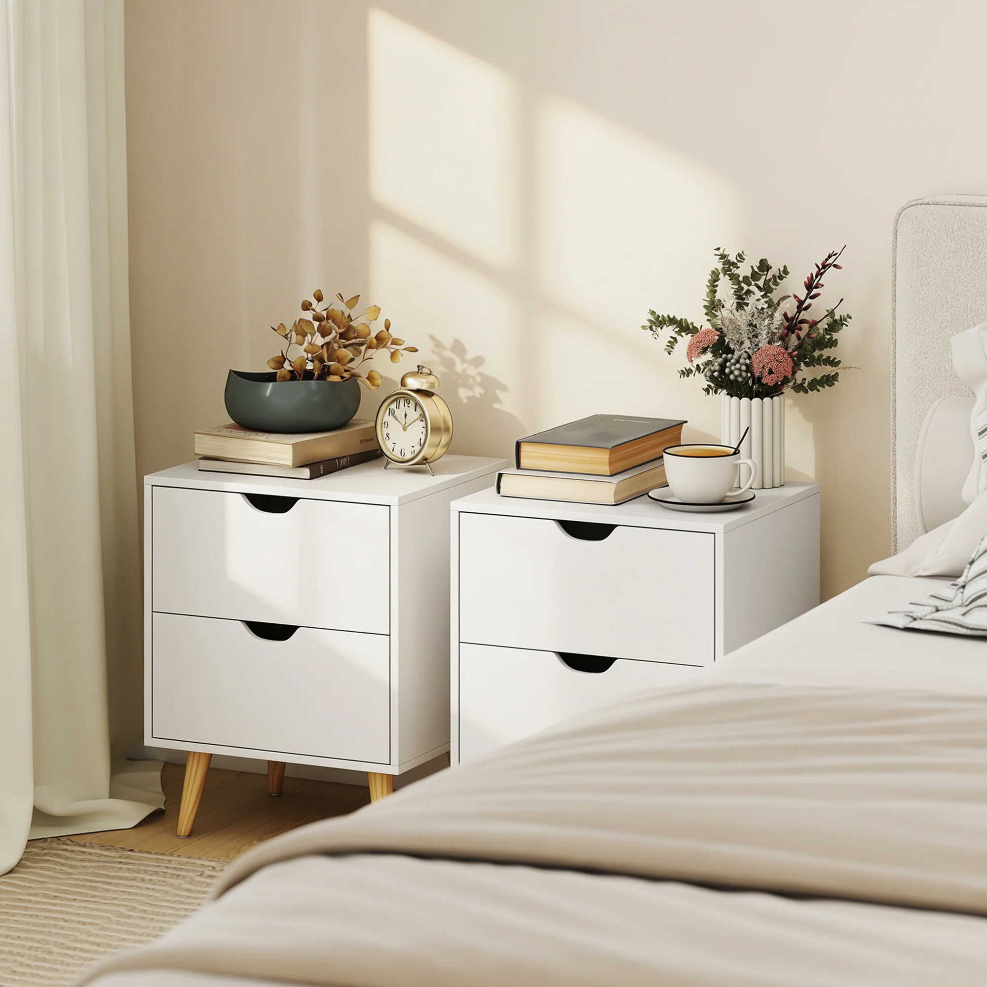 Modern Nightstand Set of 2, Bedside Table with 2 Drawers, End Table with Pine Wood Legs for Bedroom, White - Image 3