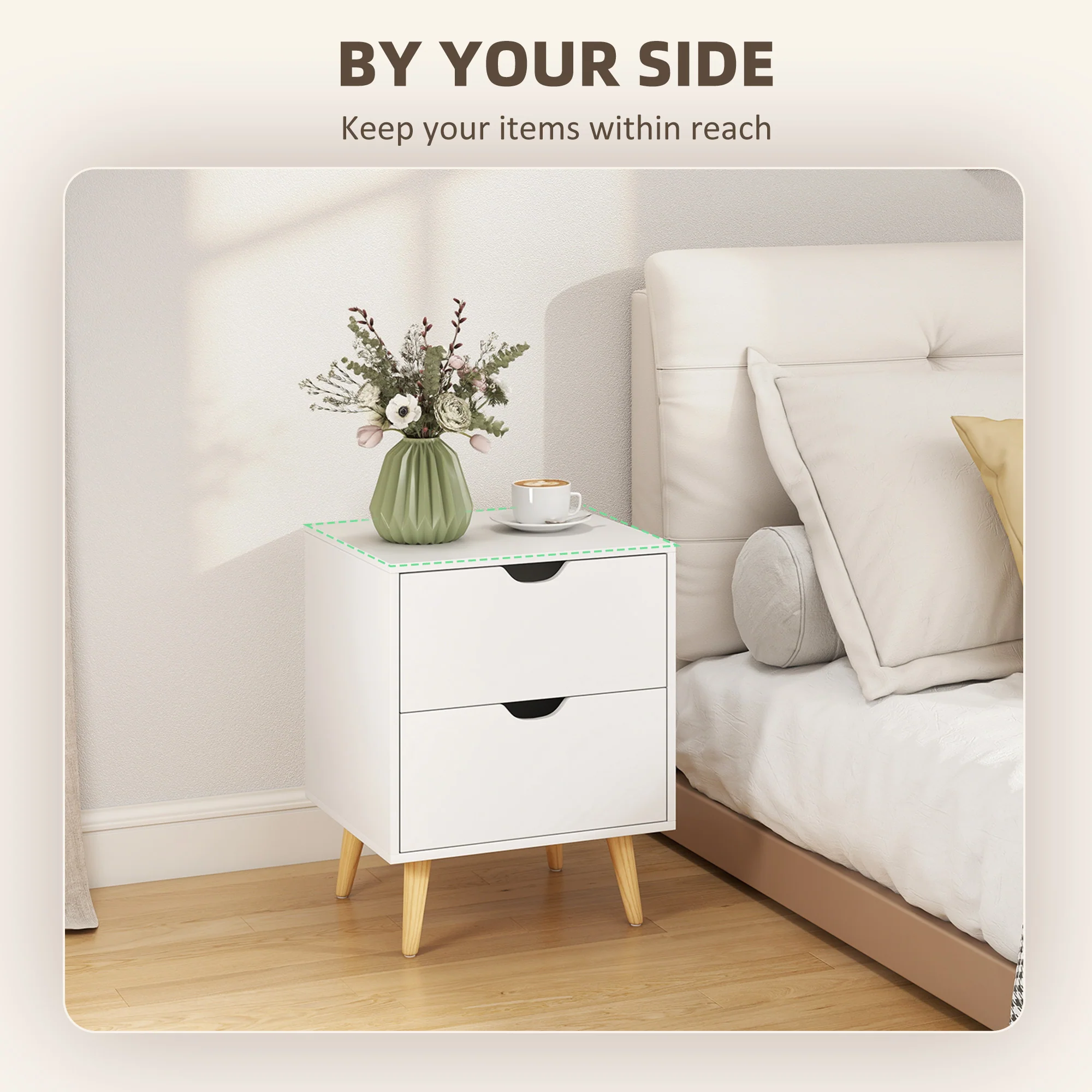 Modern Nightstand Set of 2, Bedside Table with 2 Drawers, End Table with Pine Wood Legs for Bedroom, White - Image 6