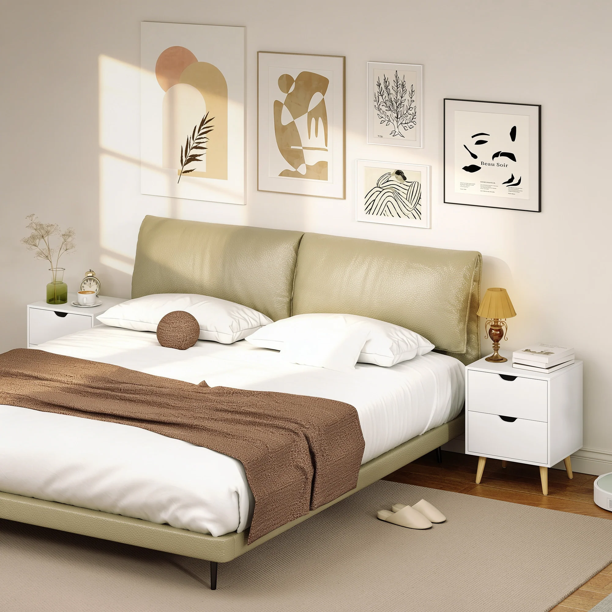 Modern Nightstand Set of 2, Bedside Table with 2 Drawers, End Table with Pine Wood Legs for Bedroom, White - Image 9