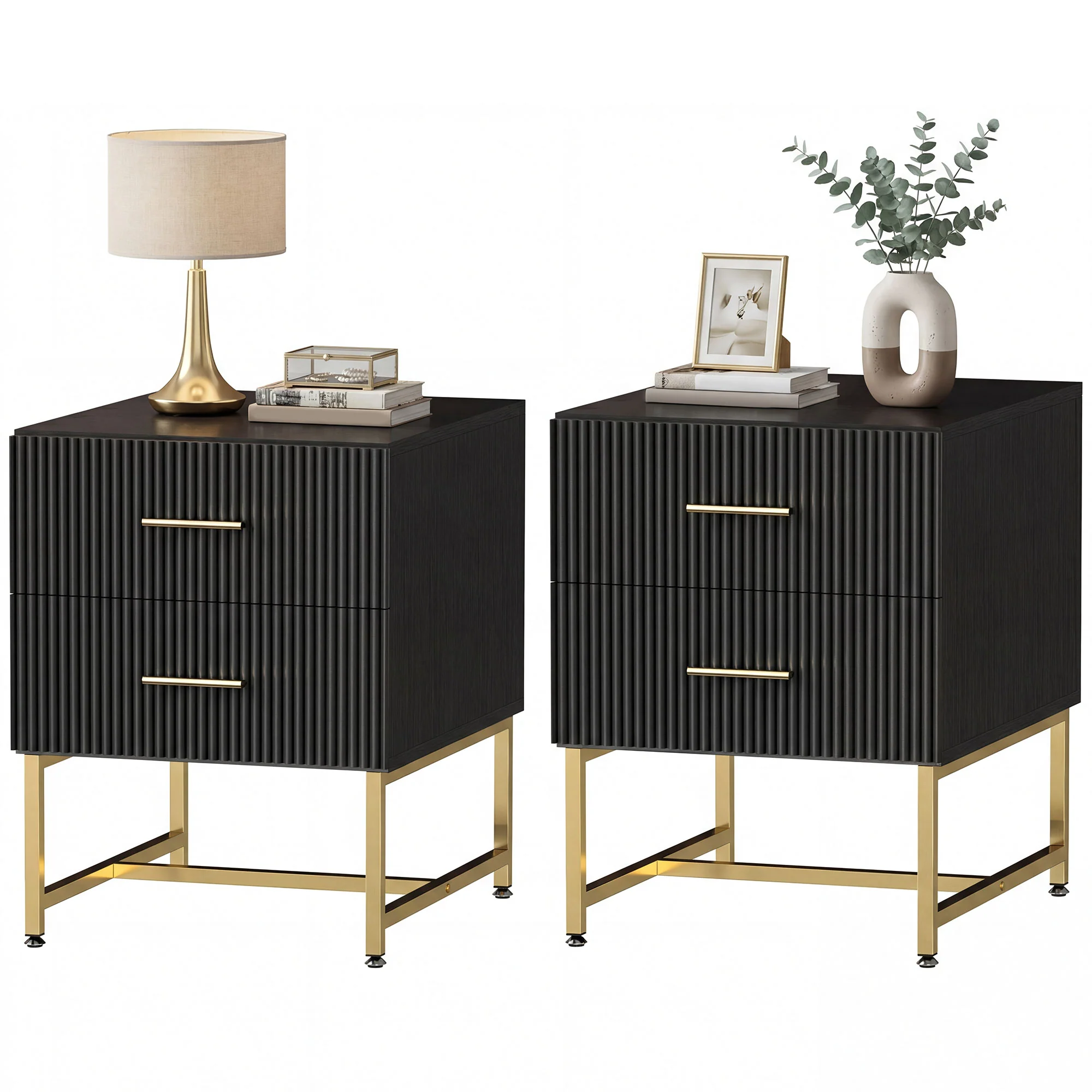 Modern Nightstands Set of 2, Bedside Tables with 2 Drawers and Fluted Panels, End Tables with Storage and Gold Legs for Bedroom, Black - Image 2