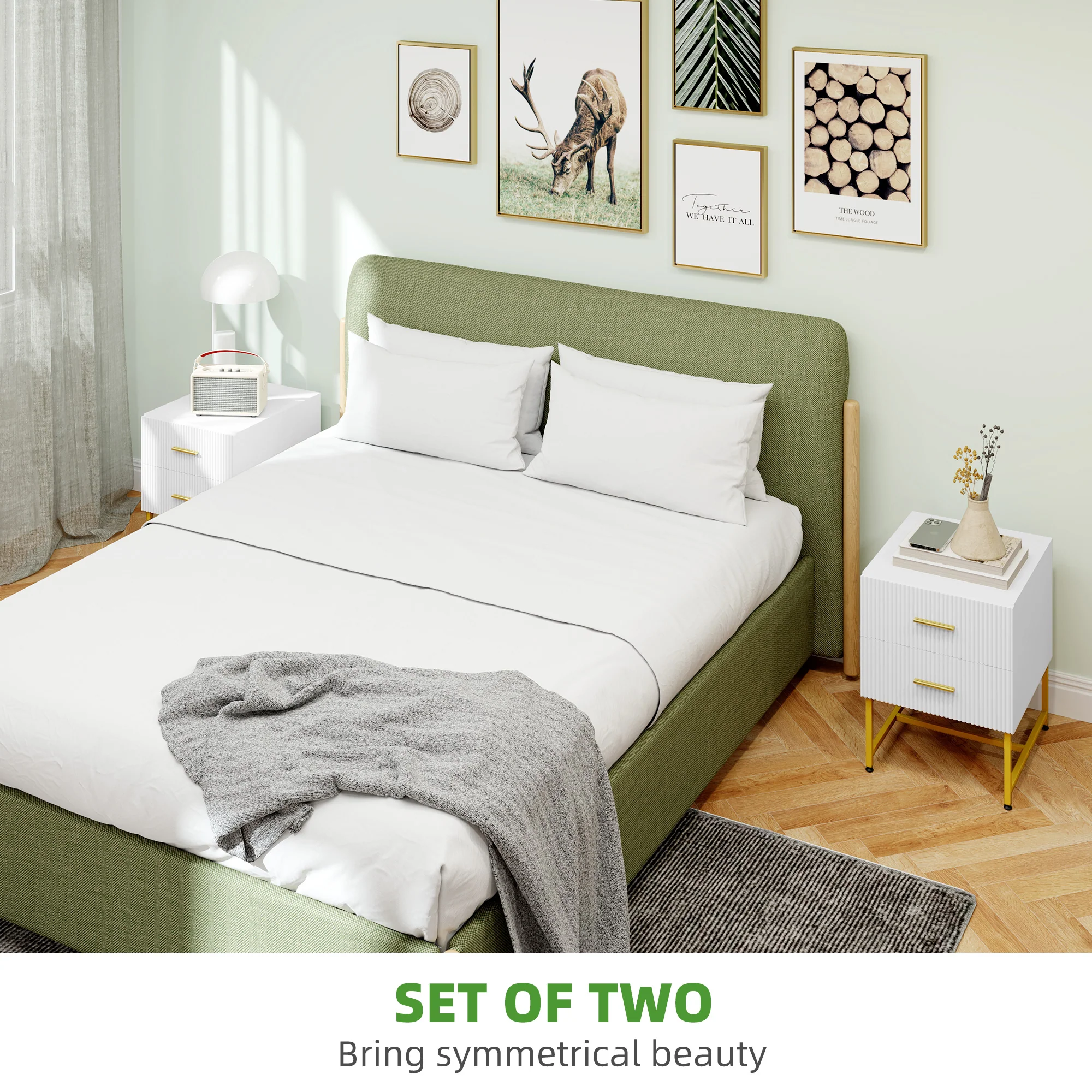 Modern Nightstands Set of 2, Bedside Tables w/ 2 Drawers, Fluted Panels & Gold Legs, White - Image 6