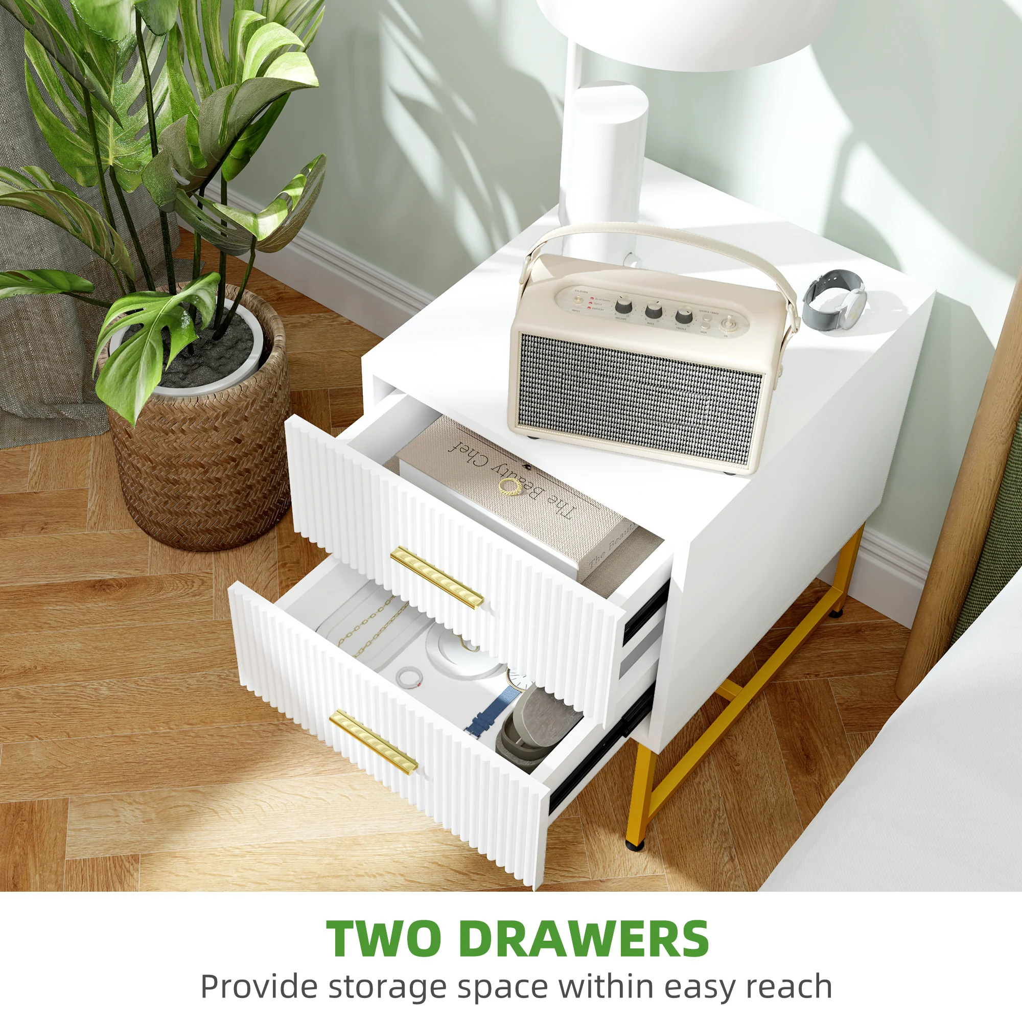 Modern Nightstands Set of 2, Bedside Tables w/ 2 Drawers, Fluted Panels & Gold Legs, White - Image 7