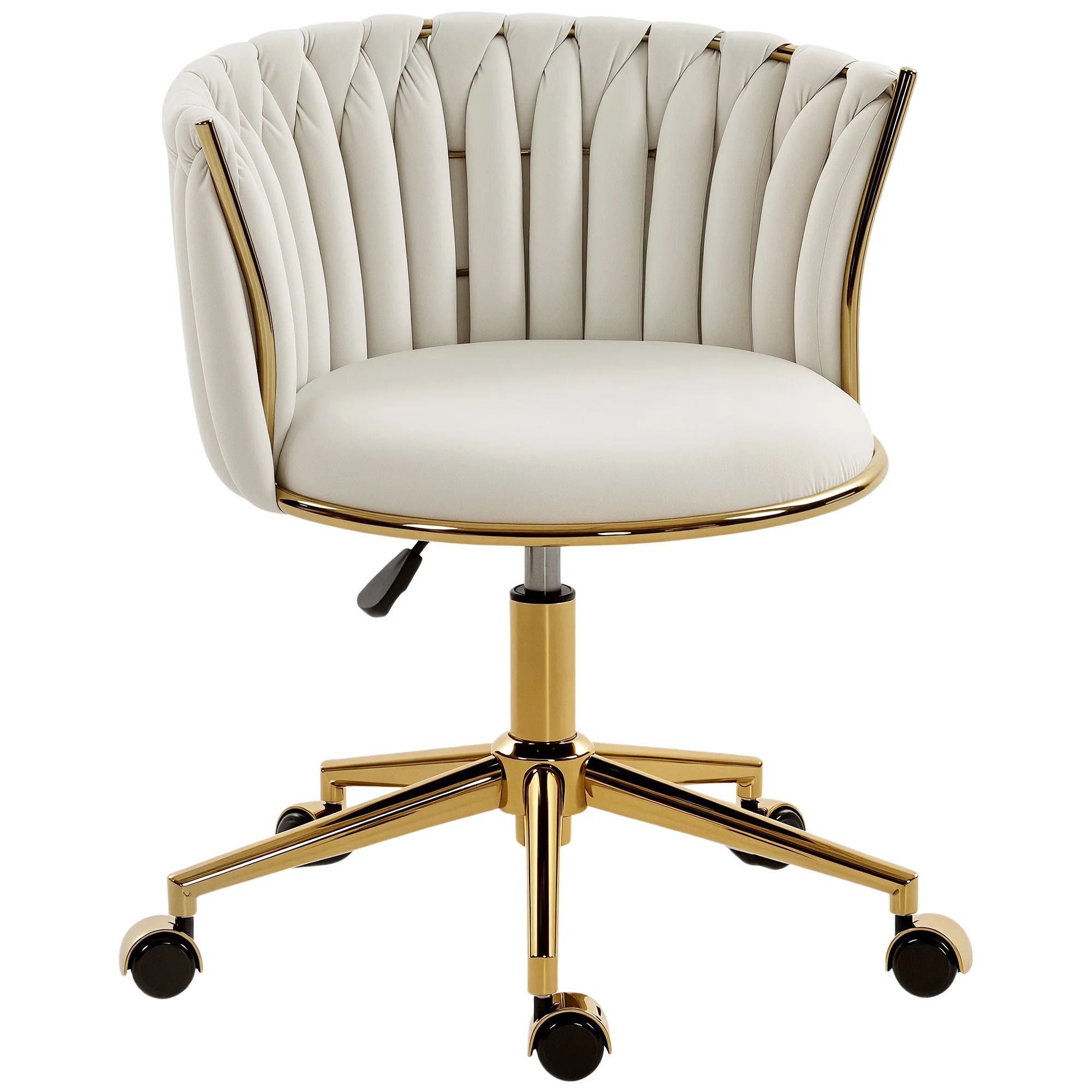 Velvet-feel Fabric Swivel Vanity Chair with Woven Back, Adjustable Height, Rolling Wheels for Makeup, Cream White
