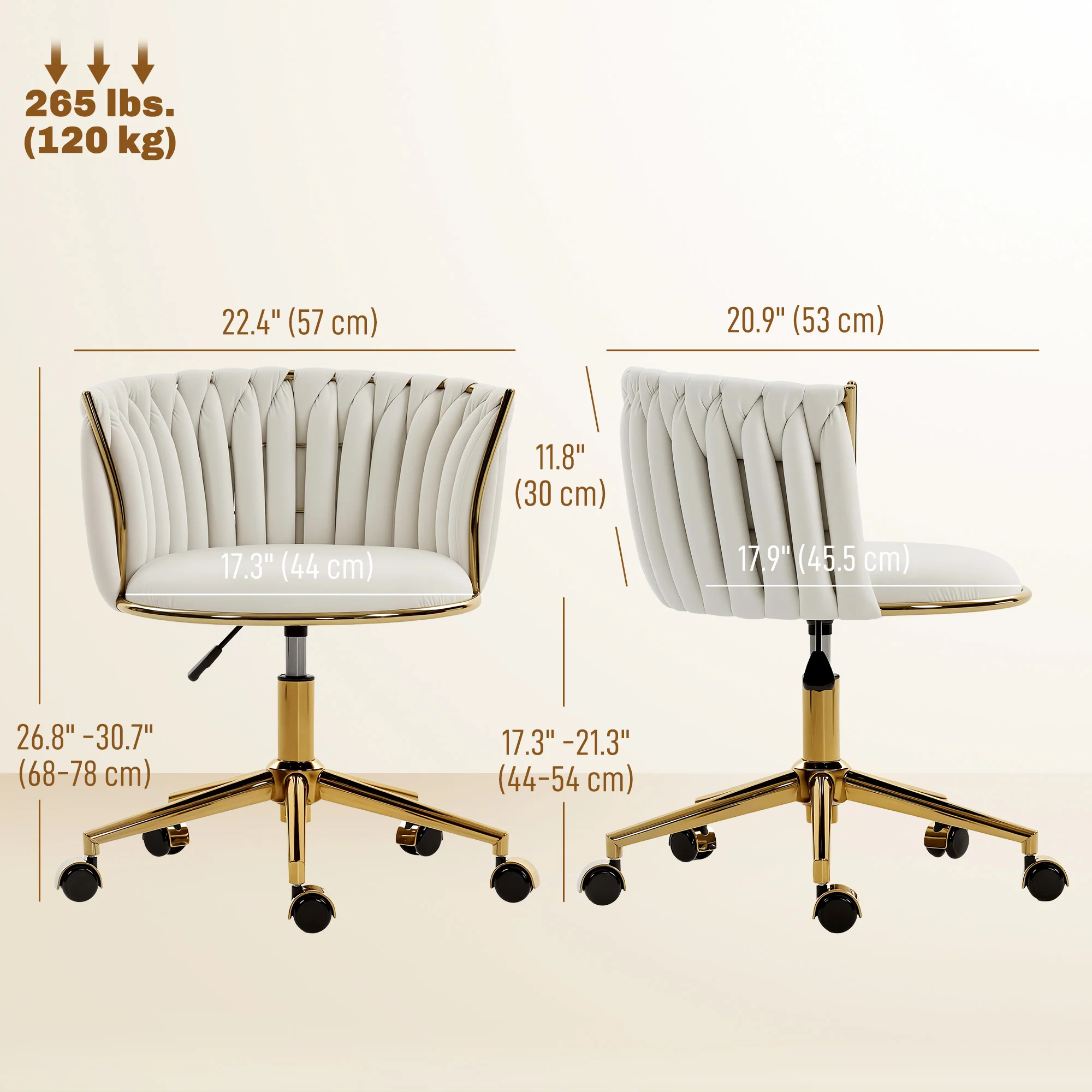 Velvet-feel Fabric Swivel Vanity Chair with Woven Back, Adjustable Height, Rolling Wheels for Makeup, Cream White - Image 5