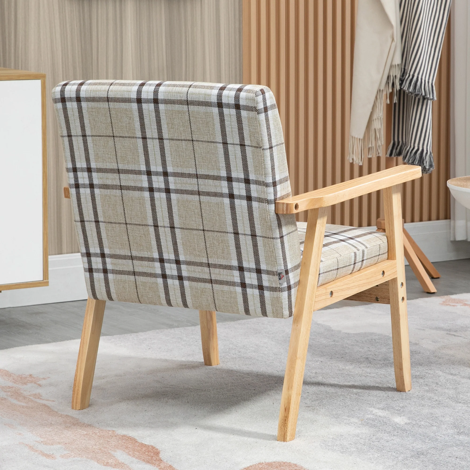 Linen Fabric One Seater Sofa with Rubber Wood Frame, Armrests, Lattice Pattern, Beige - Image 11