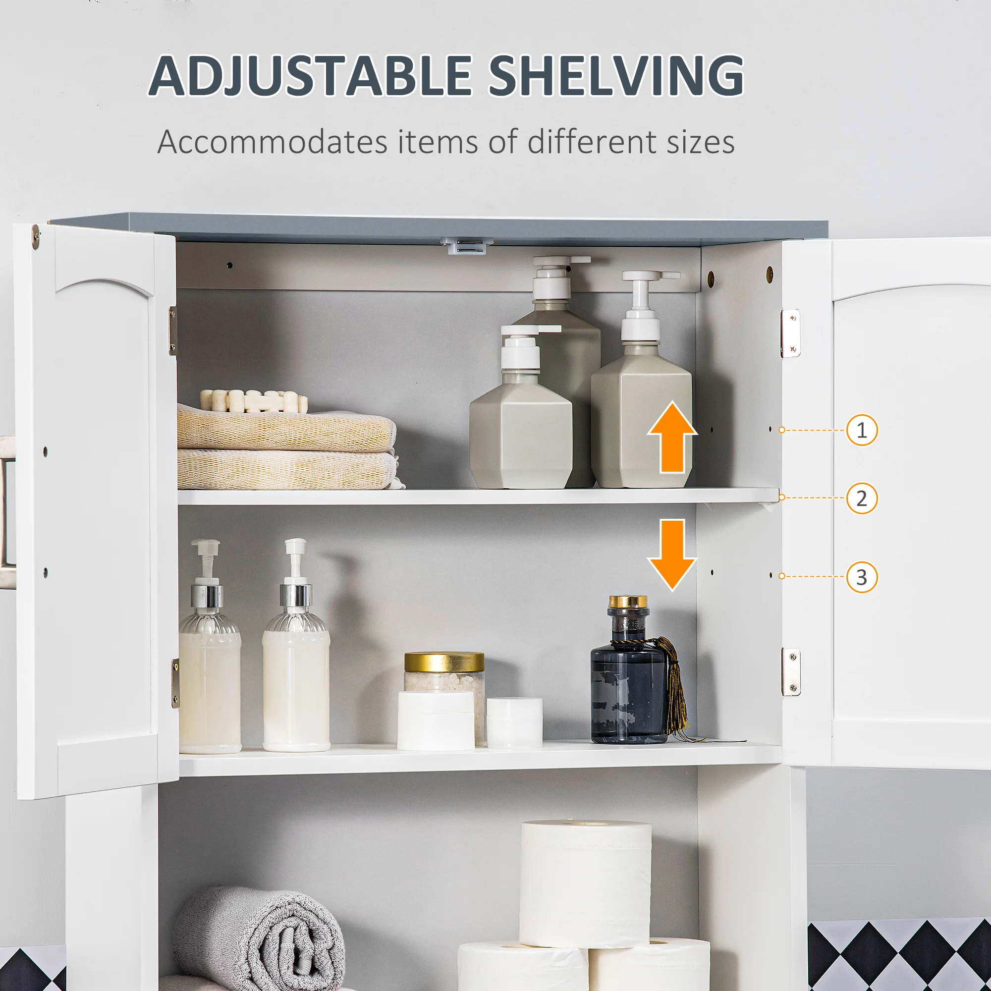 2-Door Over The Toilet Storage Cabinet with Adjustable Shelf and Open Shelf, Grey - Image 8