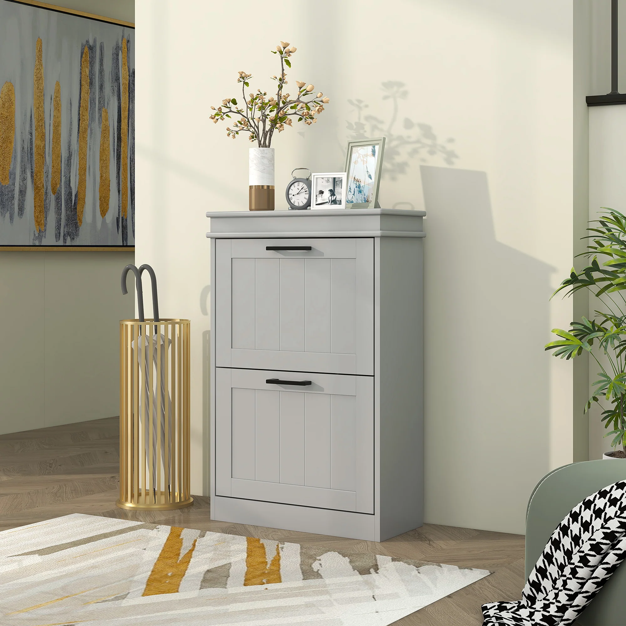Shoe Rack Cabinet with 4 Flip Drawers and Adjustable Shelves, Holds 10 Pairs, Grey - Image 10