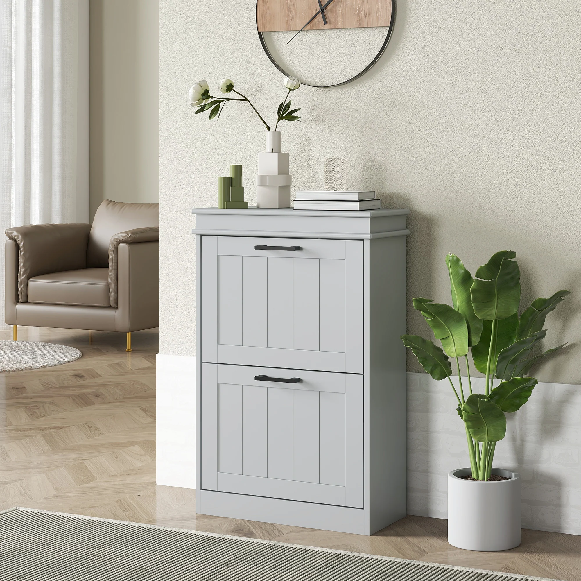 Shoe Rack Cabinet with 4 Flip Drawers and Adjustable Shelves, Holds 10 Pairs, Grey - Image 4