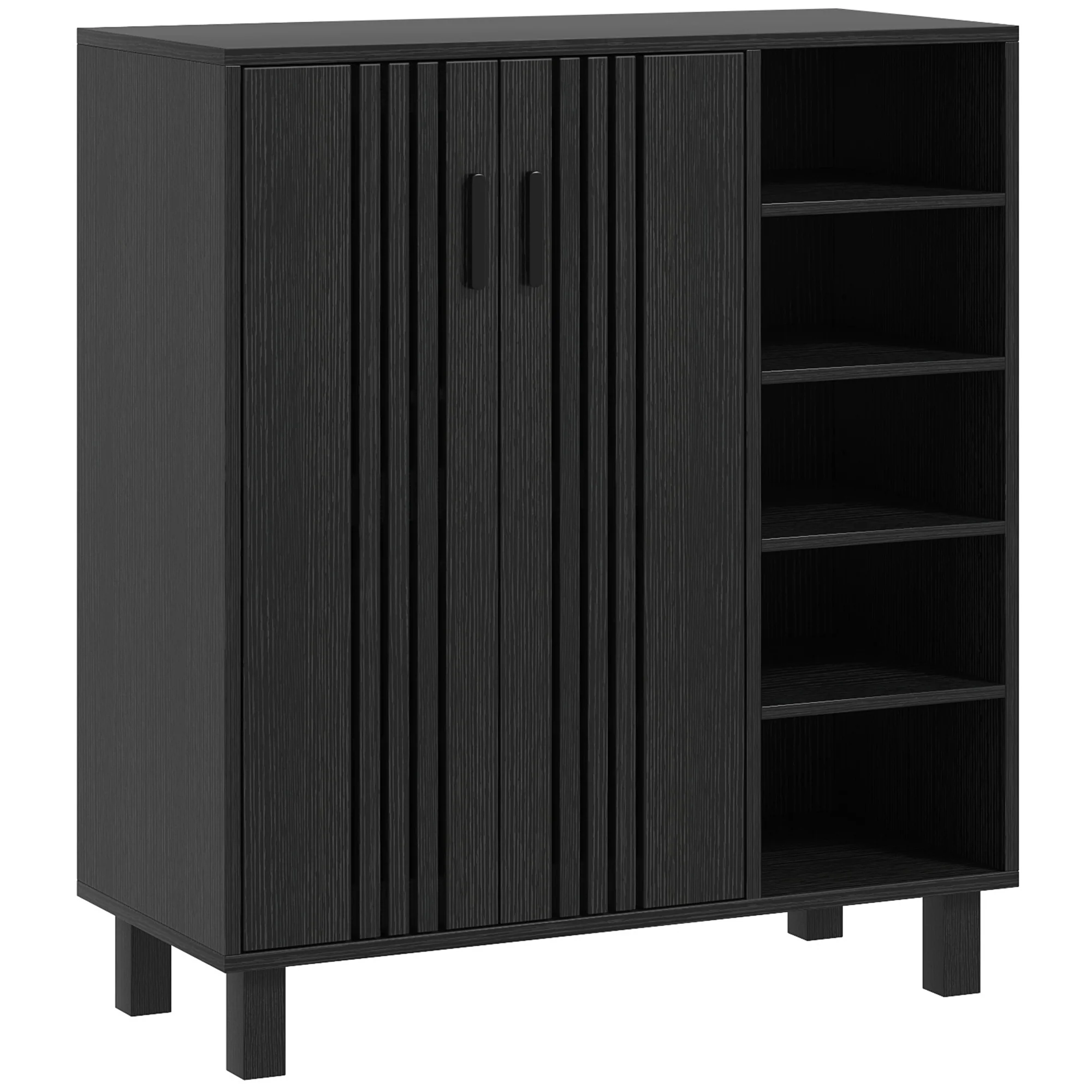Shoe Rack Cabinet w/ Double Door Cupboard & 5-Tier Open Shelves for 17 Pair Shoes, Black