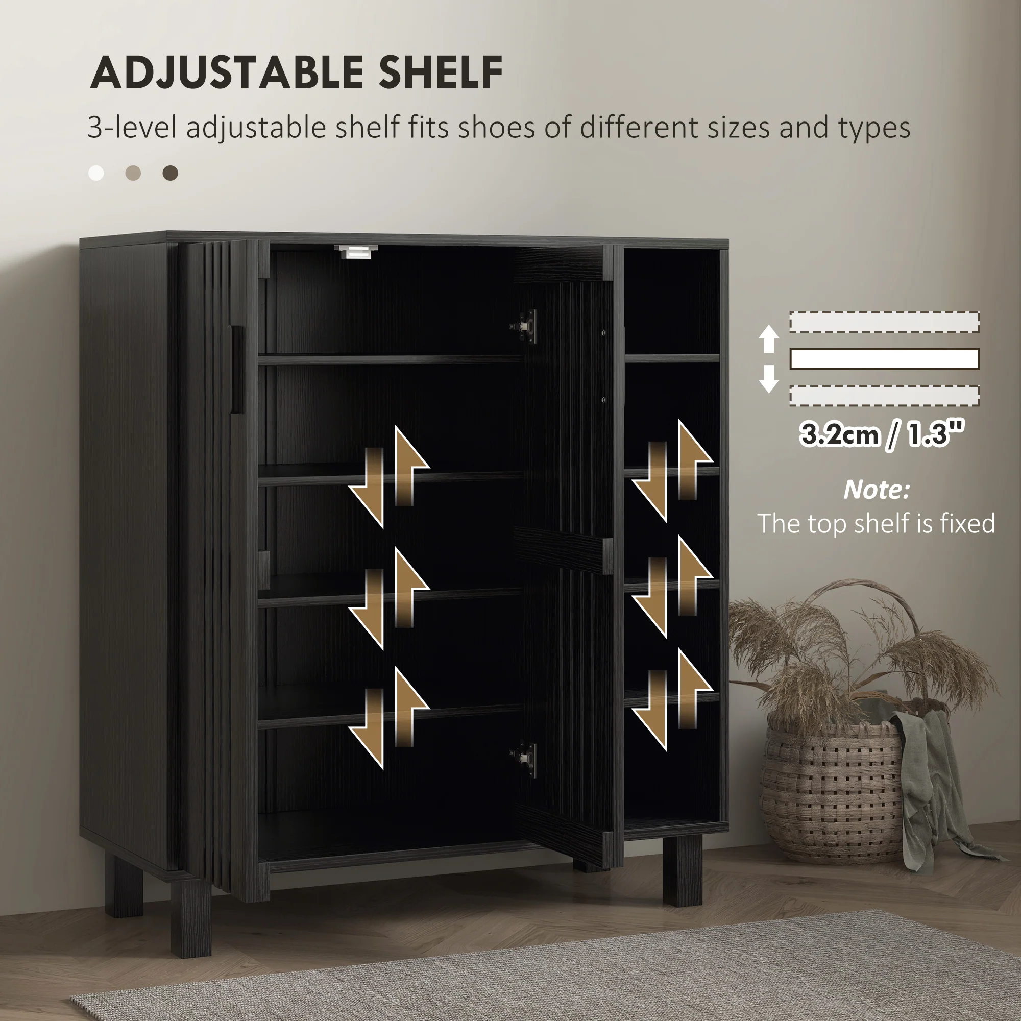 Shoe Rack Cabinet w/ Double Door Cupboard & 5-Tier Open Shelves for 17 Pair Shoes, Black - Image 7