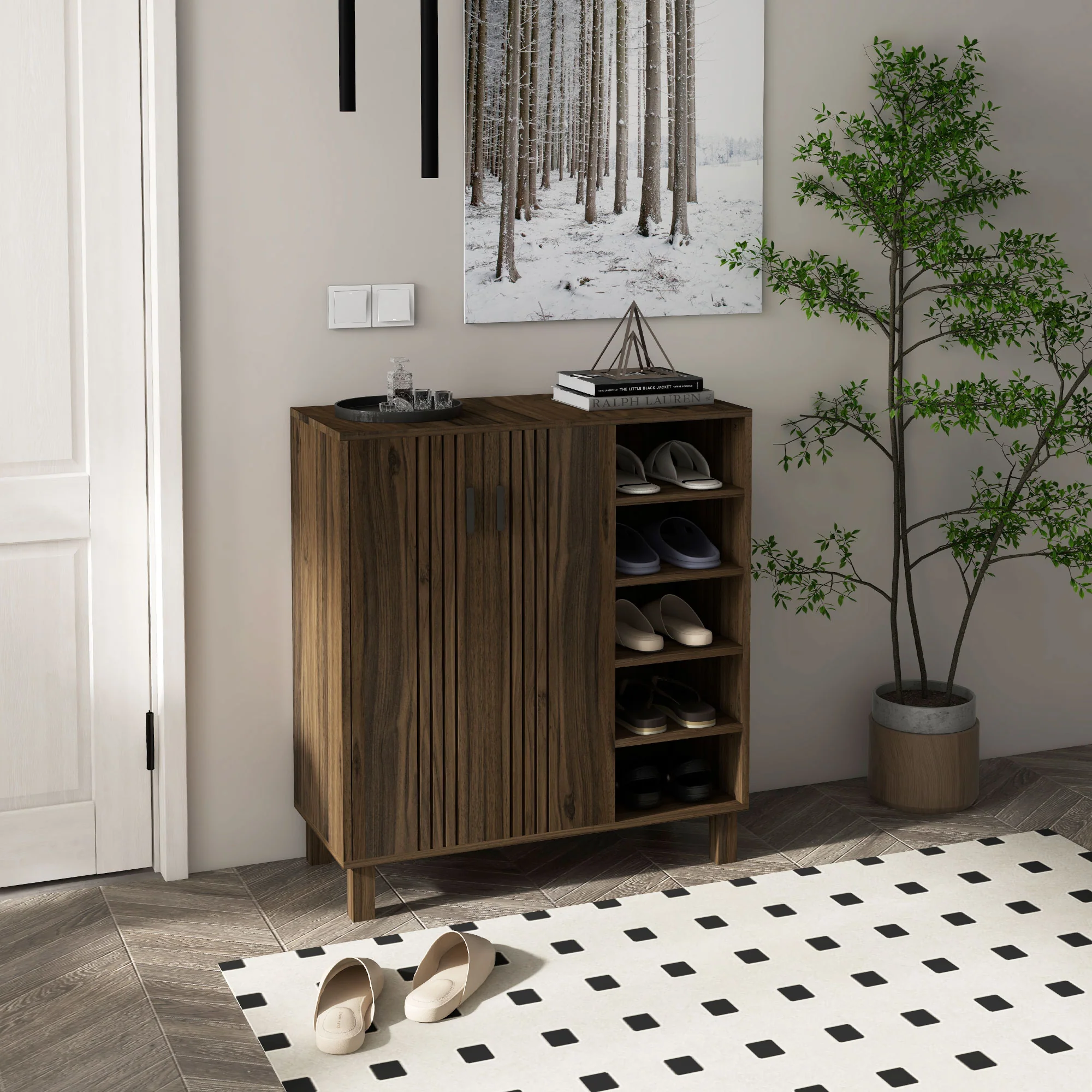 Rustic Shoe Cabinet with 5-Tier Open Shelves, Double Door Cupboard for 17 Pairs, Walnut - Image 3