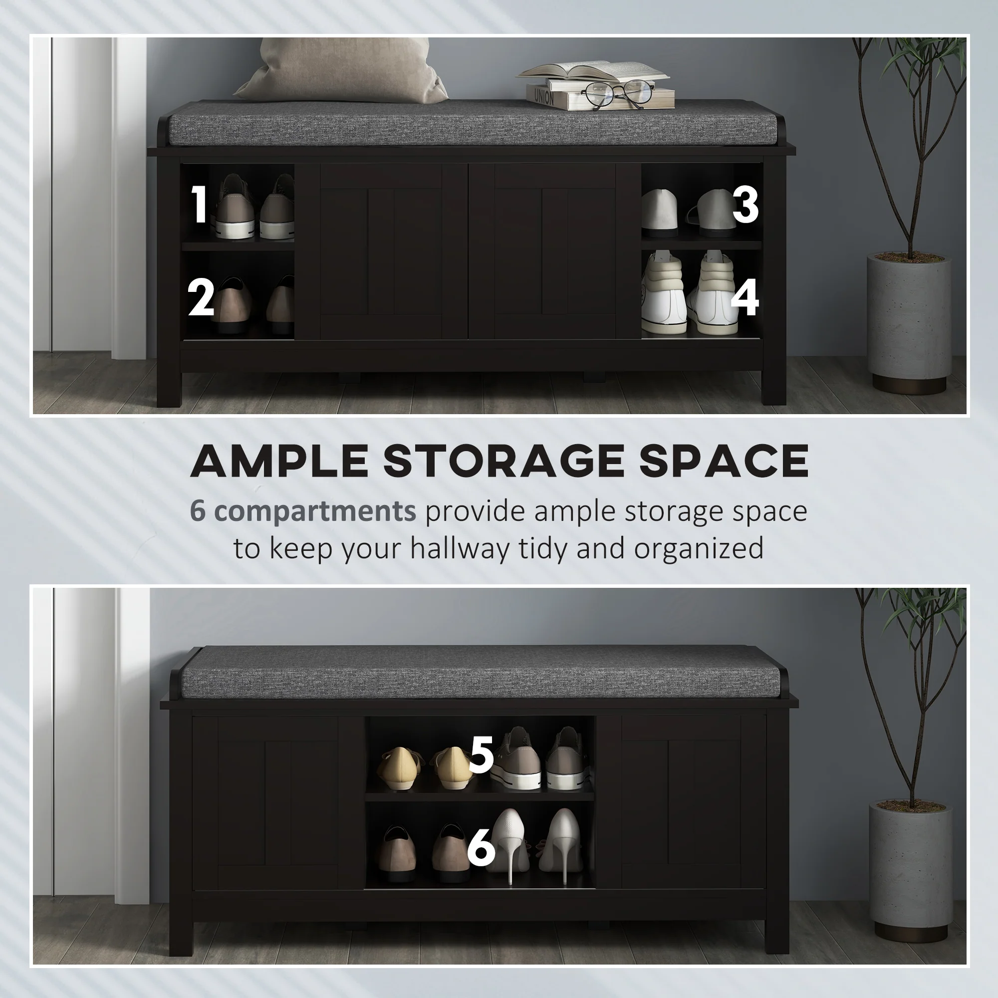 Modern Shoe Storage Bench with Cushion & 2 Sliding Doors, Holds 10 Pairs, Black - Image 6
