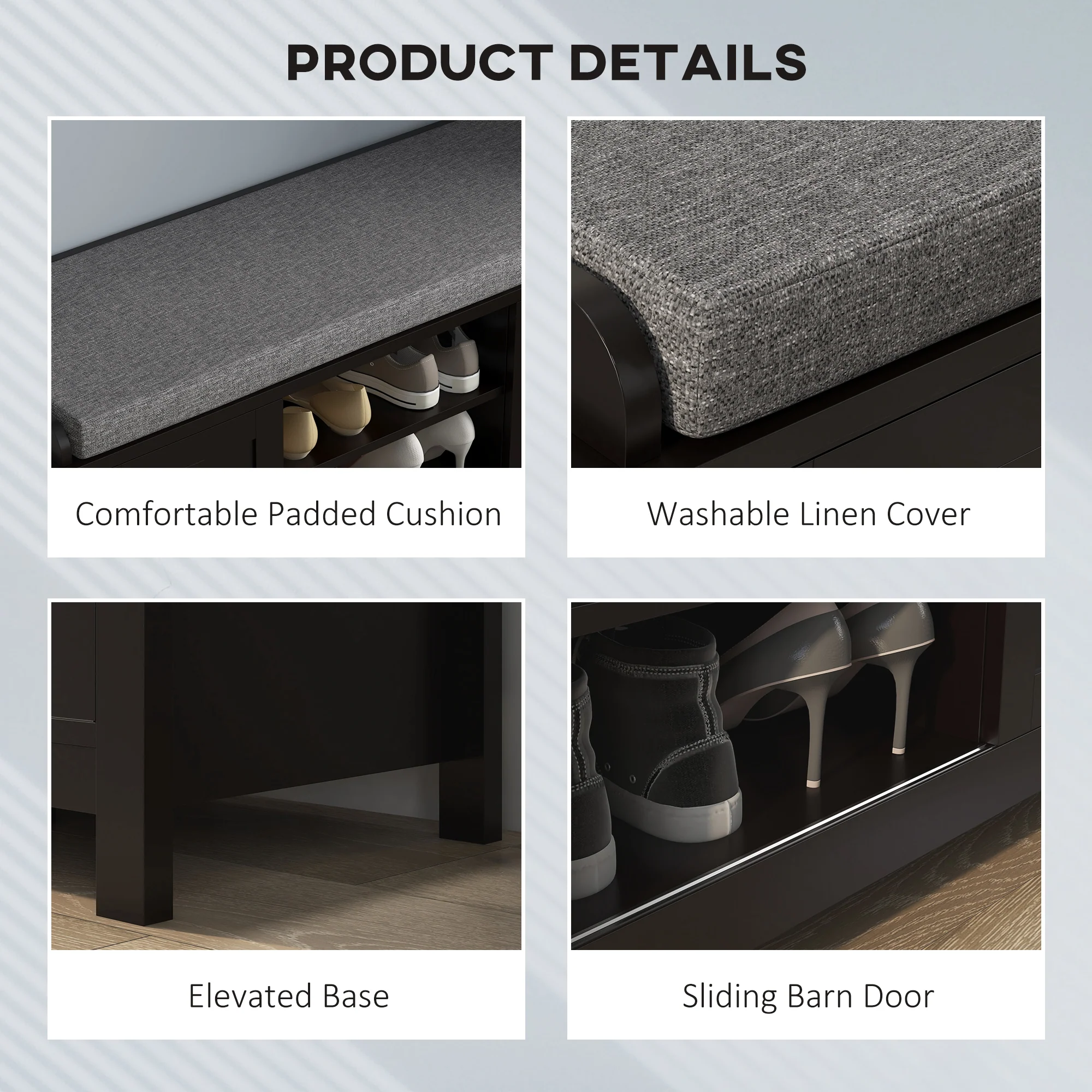 Modern Shoe Storage Bench with Cushion & 2 Sliding Doors, Holds 10 Pairs, Black - Image 7