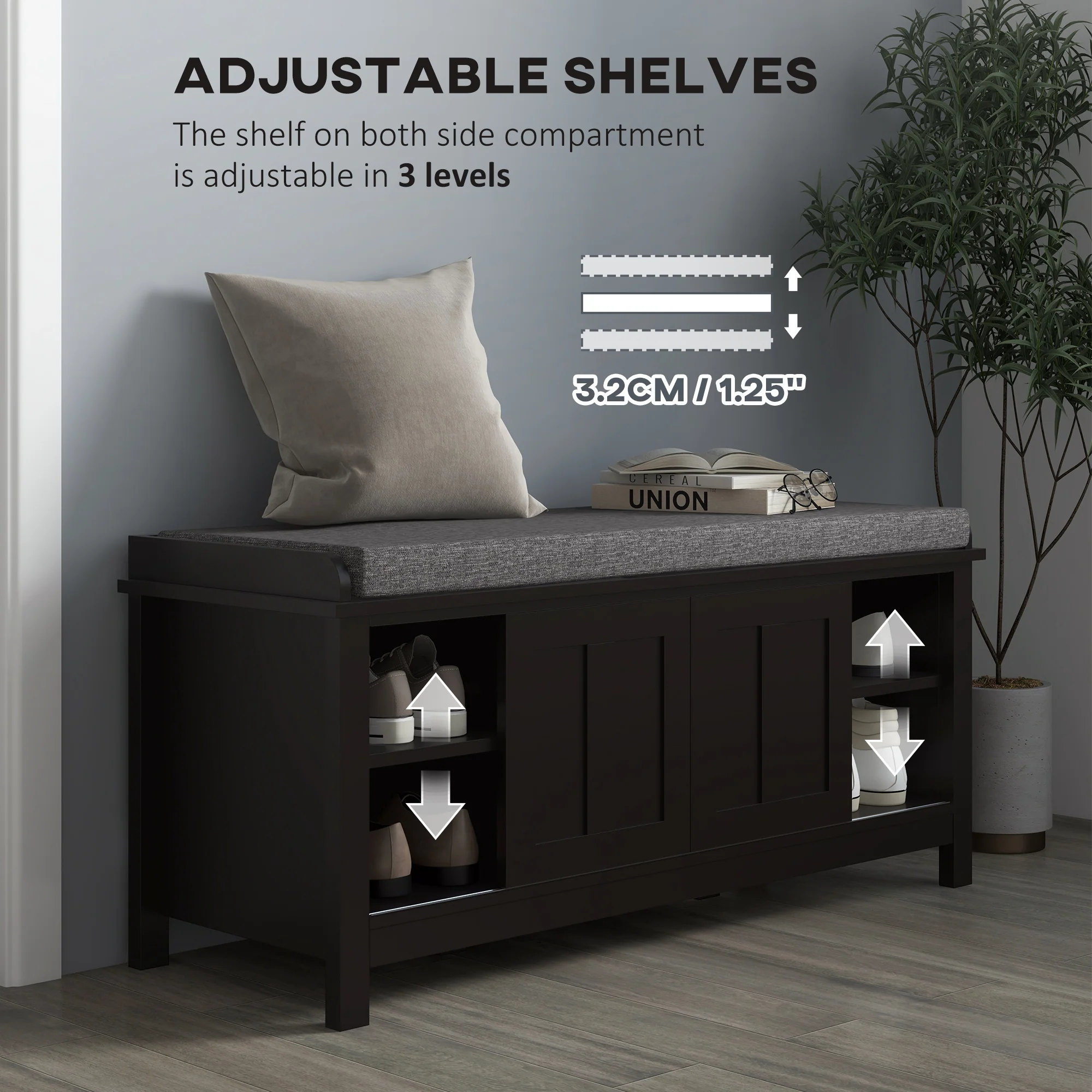 Modern Shoe Storage Bench with Cushion & 2 Sliding Doors, Holds 10 Pairs, Black - Image 8