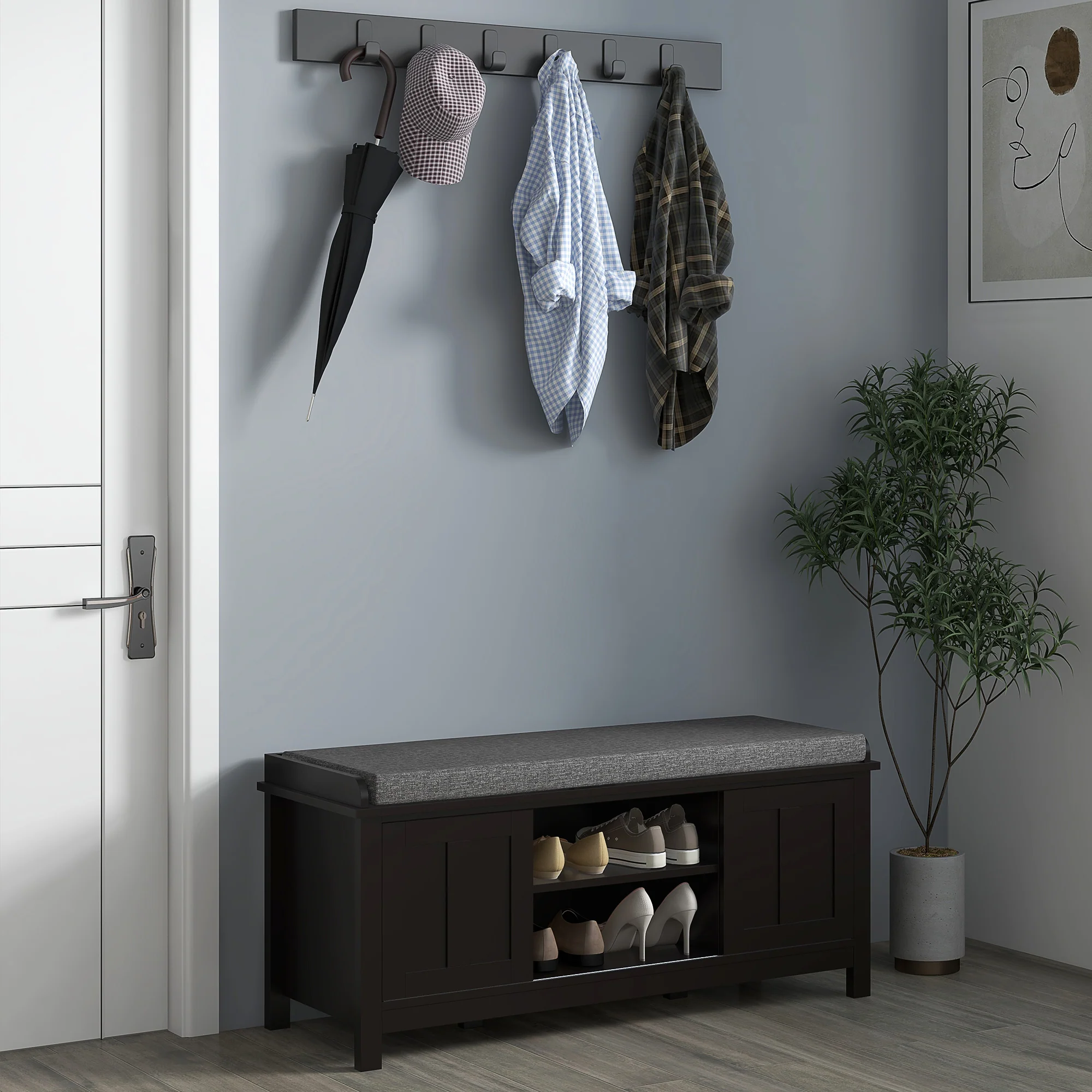Modern Shoe Storage Bench with Cushion & 2 Sliding Doors, Holds 10 Pairs, Black - Image 9