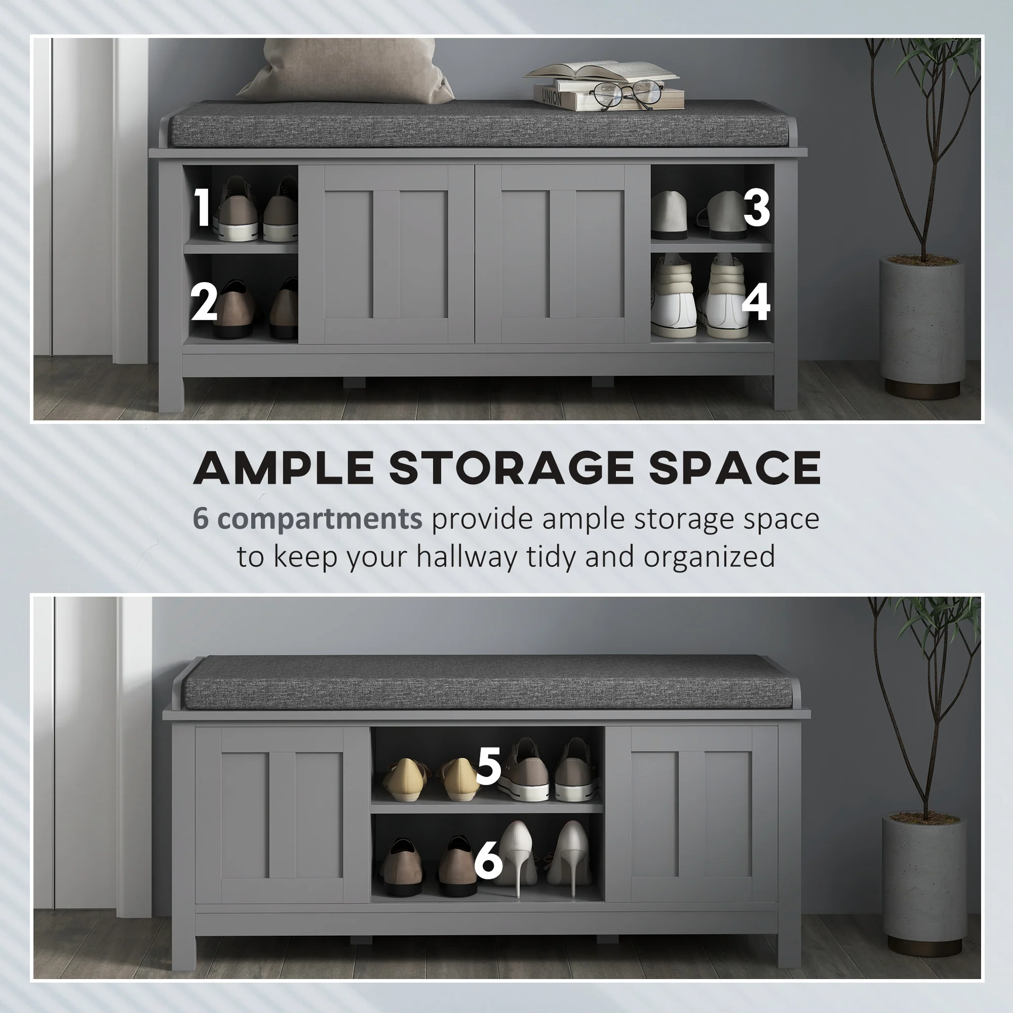 Modern Shoe Storage Bench Entry Way Bench with Cushion 2 Sliding Doors Holds 10 Pairs Gray - Image 6