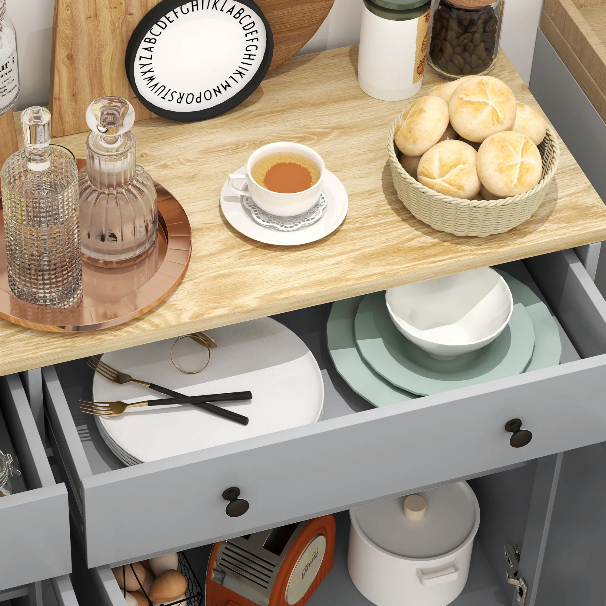 Modern Sideboard Buffet Cabinet w/ Storage Drawers & Adjustable Shelves, Gray - Image 11