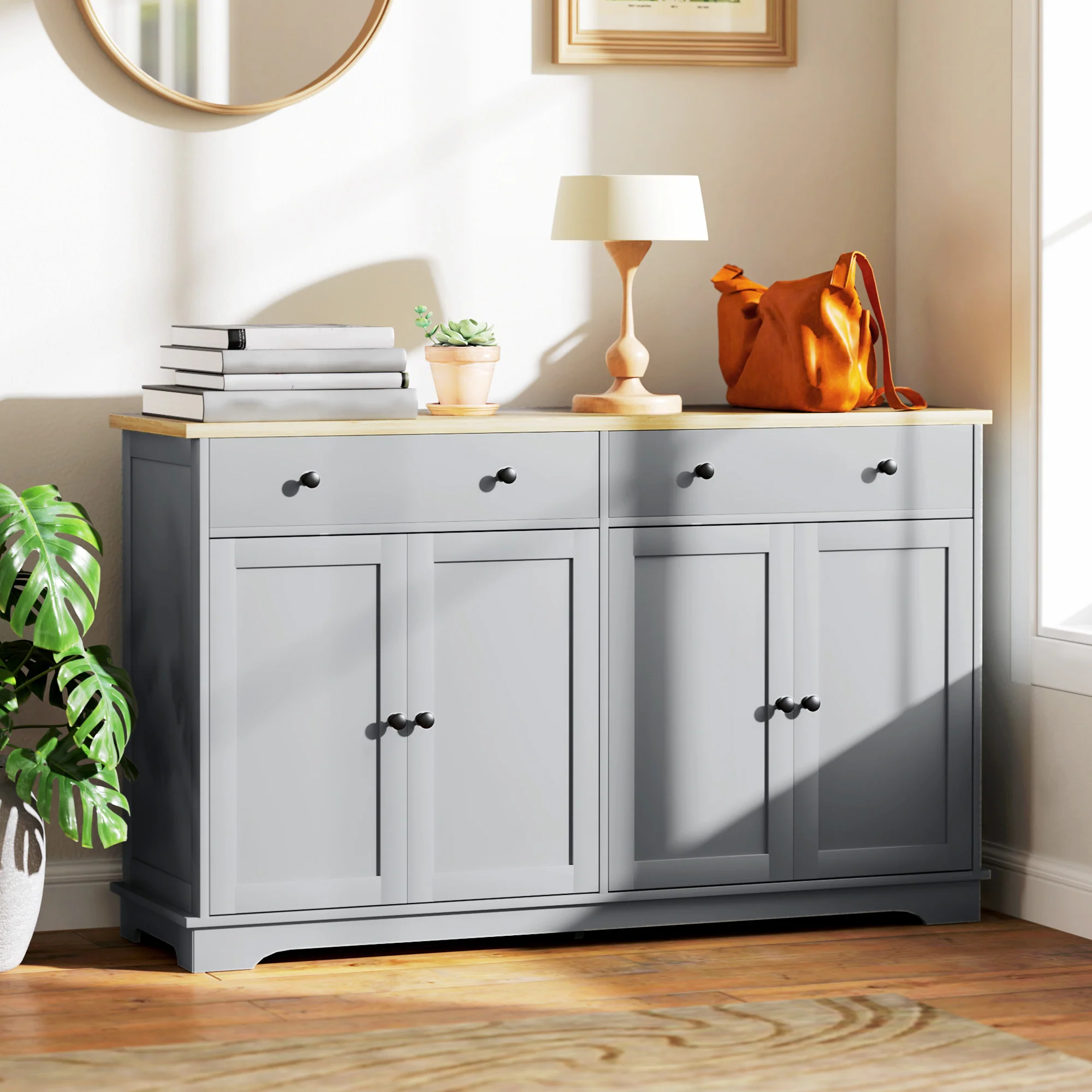Modern Sideboard Buffet Cabinet w/ Storage Drawers & Adjustable Shelves, Gray - Image 4