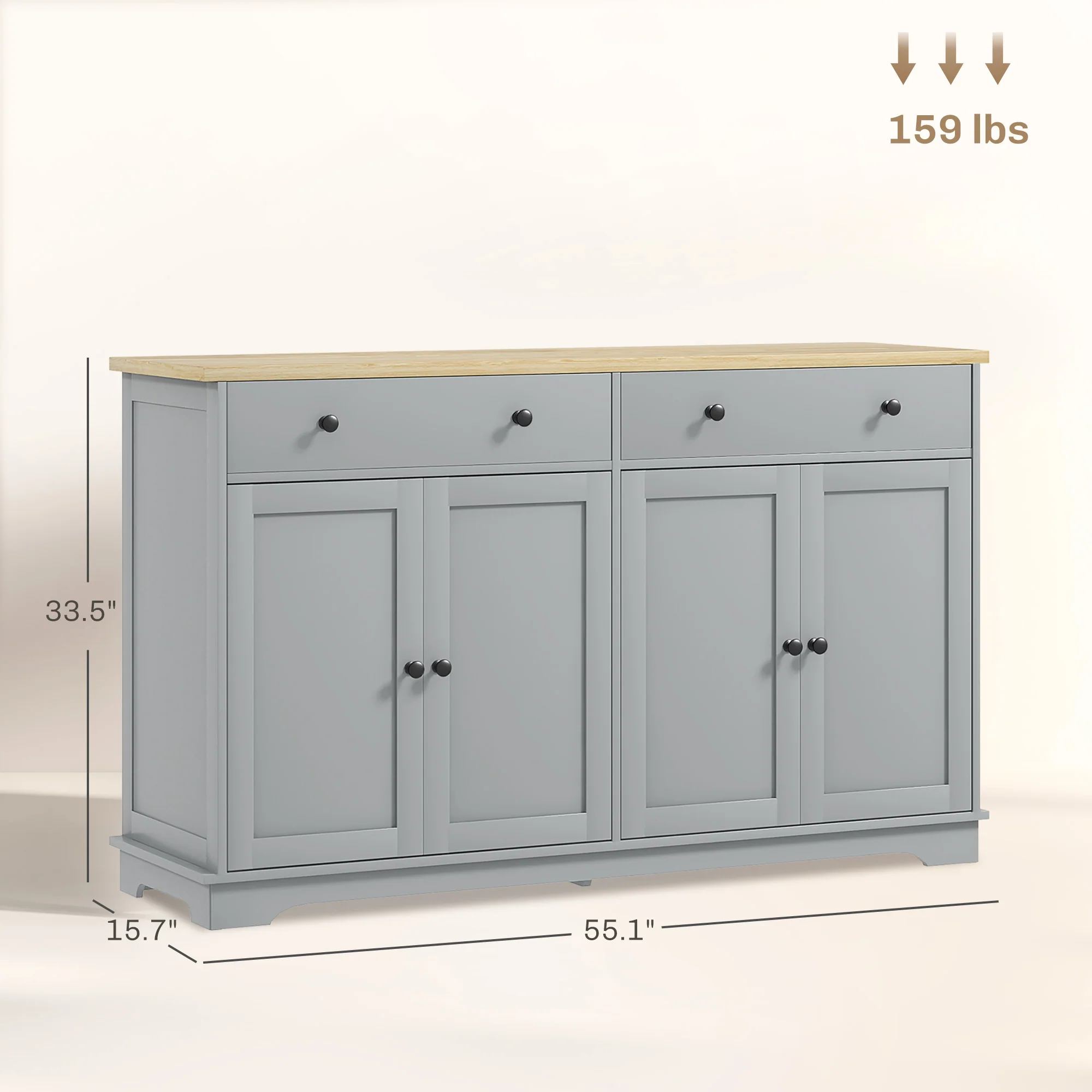 Modern Sideboard Buffet Cabinet w/ Storage Drawers & Adjustable Shelves, Gray - Image 5