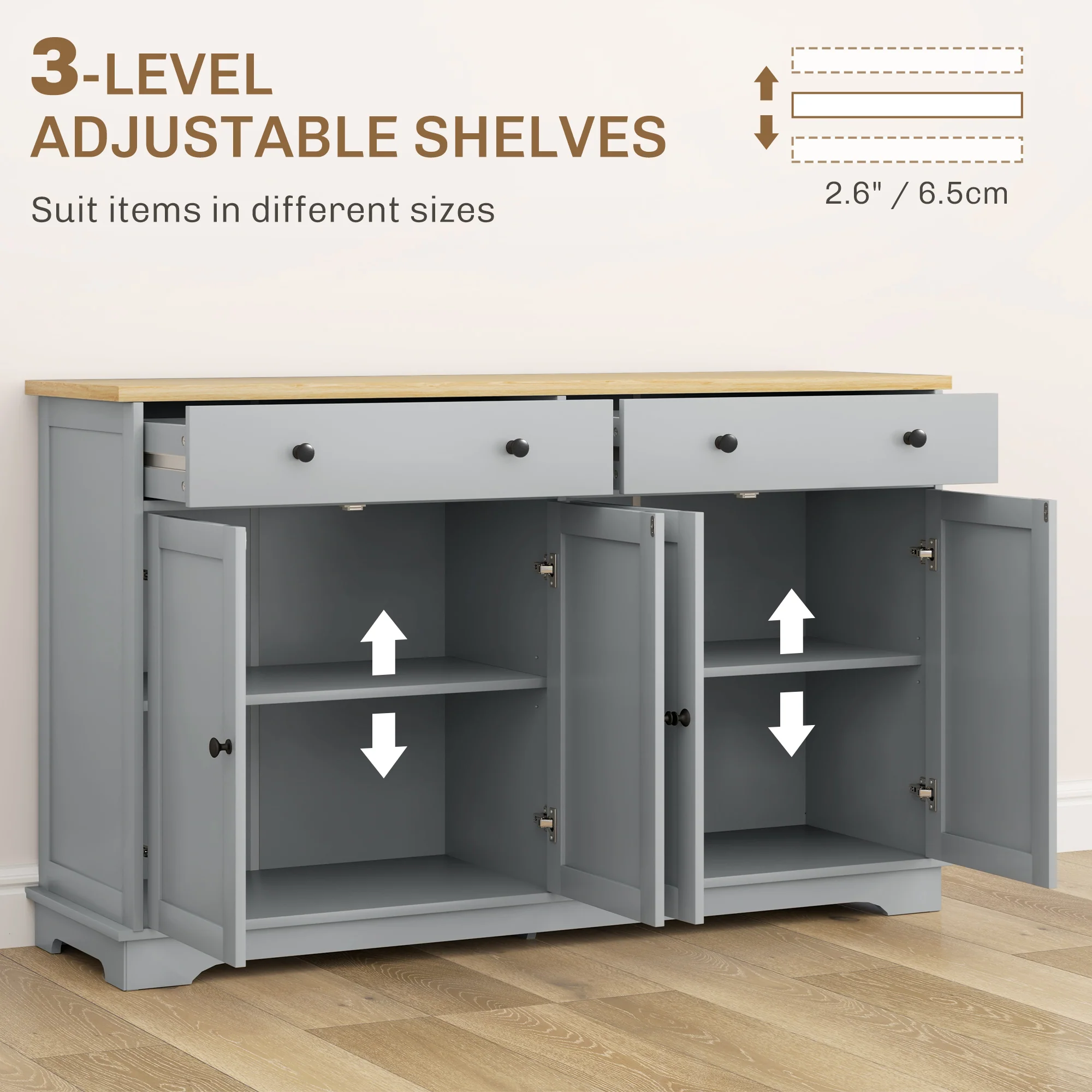 Modern Sideboard Buffet Cabinet w/ Storage Drawers & Adjustable Shelves, Gray - Image 7