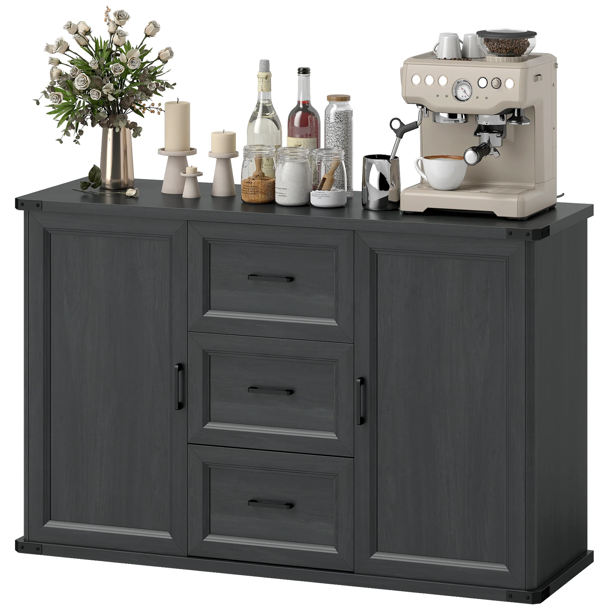 Modern Sideboard Buffet Cabinet with 3 Drawers and 2 Doors, 47" Coffee Bar Cabinet with Adjustable Shelves for Kitchen, Black Wood Grain - Image 2