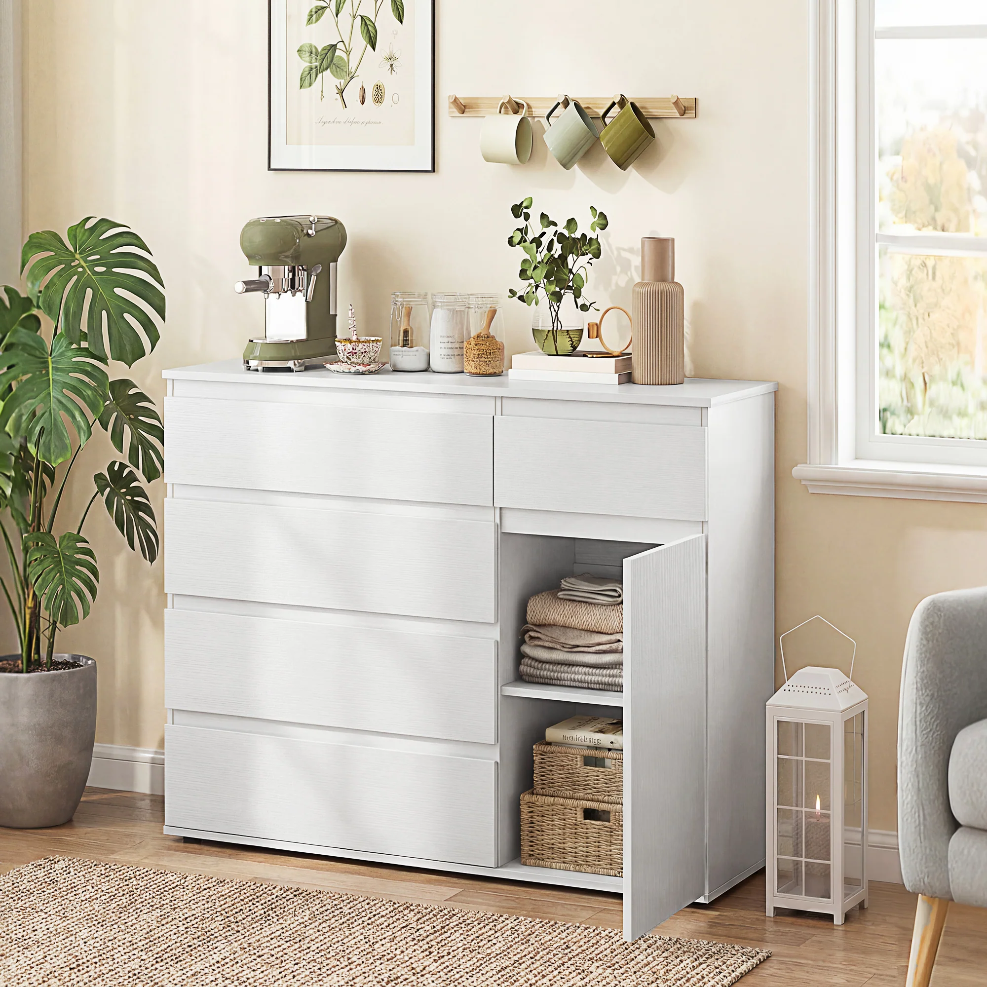 Modern Sideboard, Sideboard Storage Cabinet with 5 Drawers, Adjustable Shelf, Soft-Close Door, Storage Cupboard for Dining Room, Kitchen, Living Room, White - Image 3