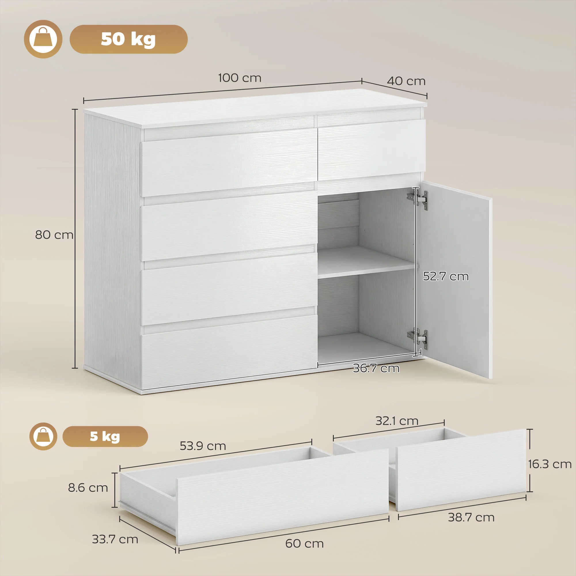 Modern Sideboard, Sideboard Storage Cabinet with 5 Drawers, Adjustable Shelf, Soft-Close Door, Storage Cupboard for Dining Room, Kitchen, Living Room, White - Image 5