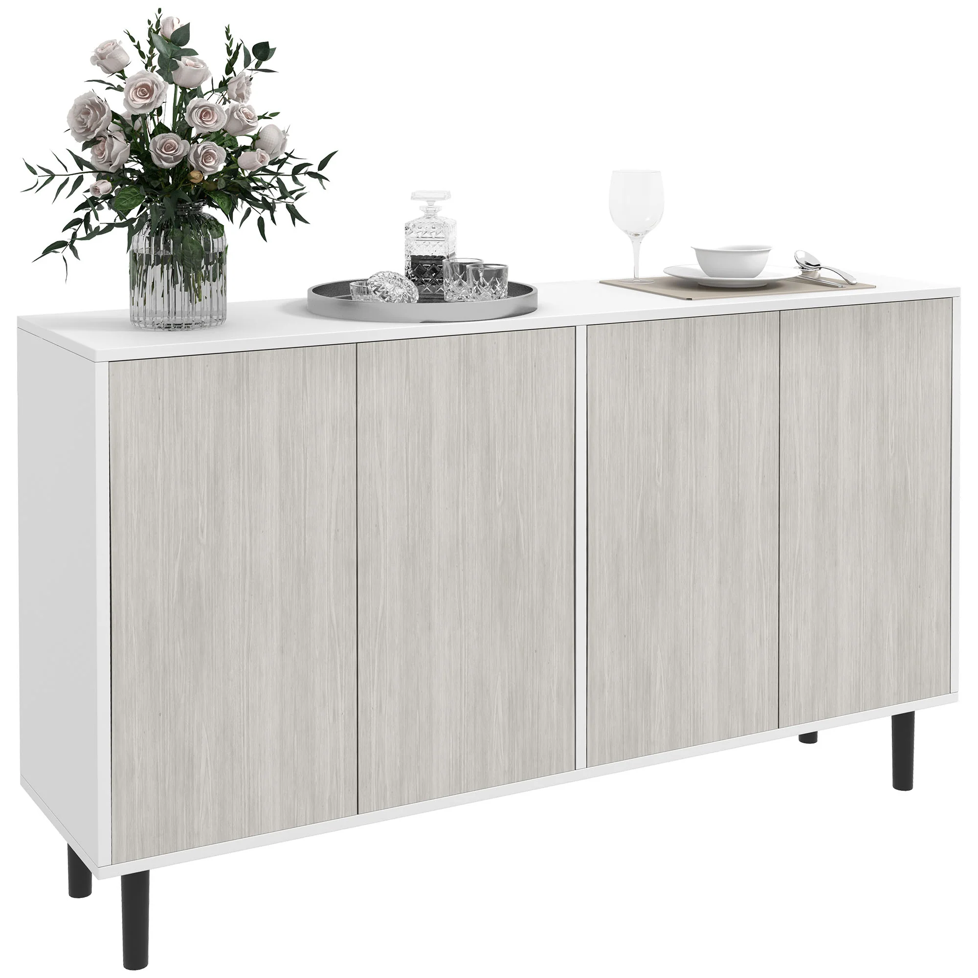 Modern Sideboard w/ Cupboards,  Adjustable Shelves & Solid Wood Legs for Living Room, White