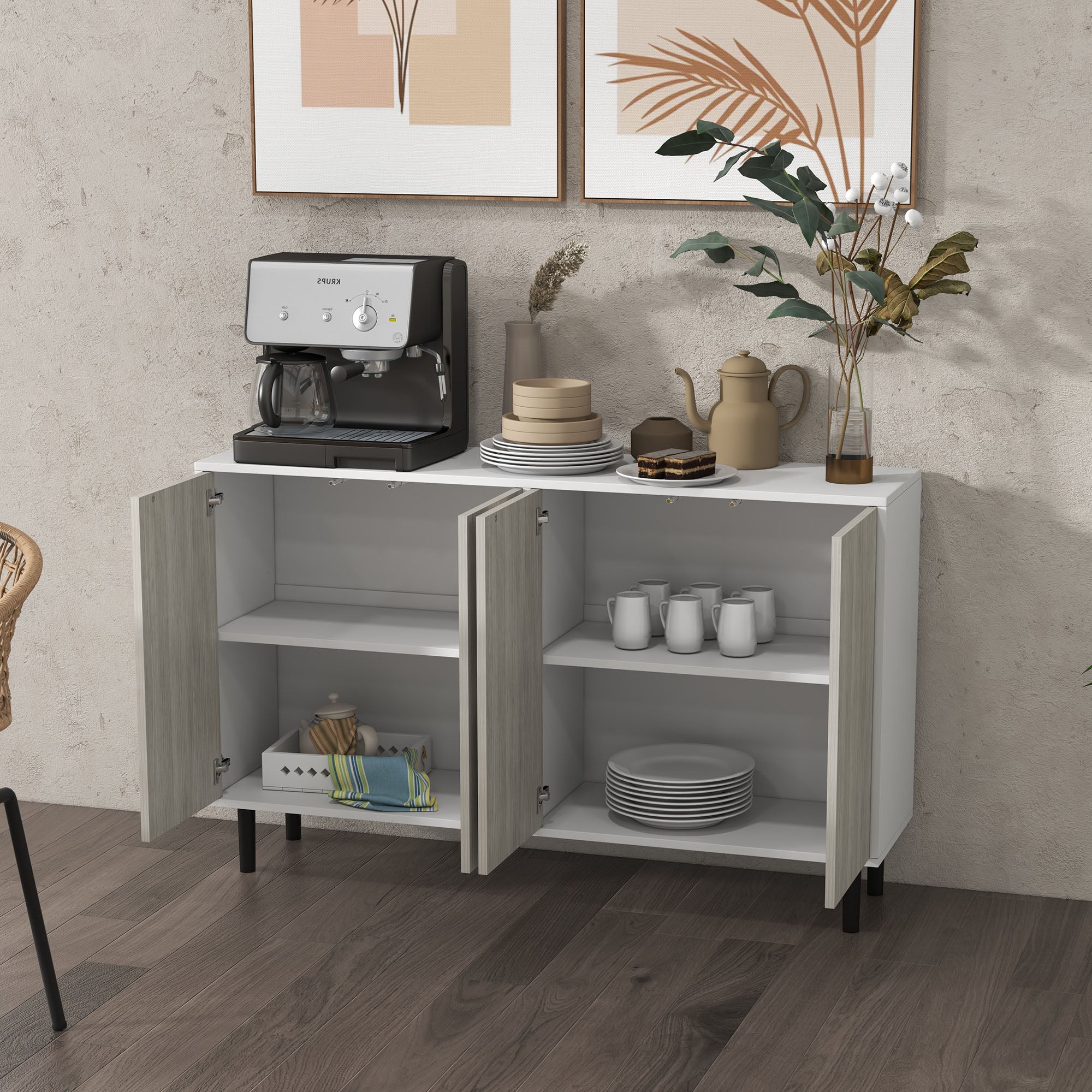 Modern Sideboard w/ Cupboards,  Adjustable Shelves & Solid Wood Legs for Living Room, White - Image 10