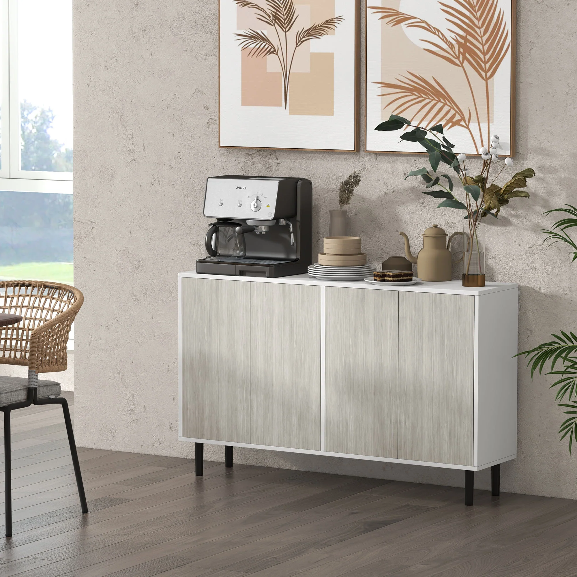 Modern Sideboard w/ Cupboards,  Adjustable Shelves & Solid Wood Legs for Living Room, White - Image 3