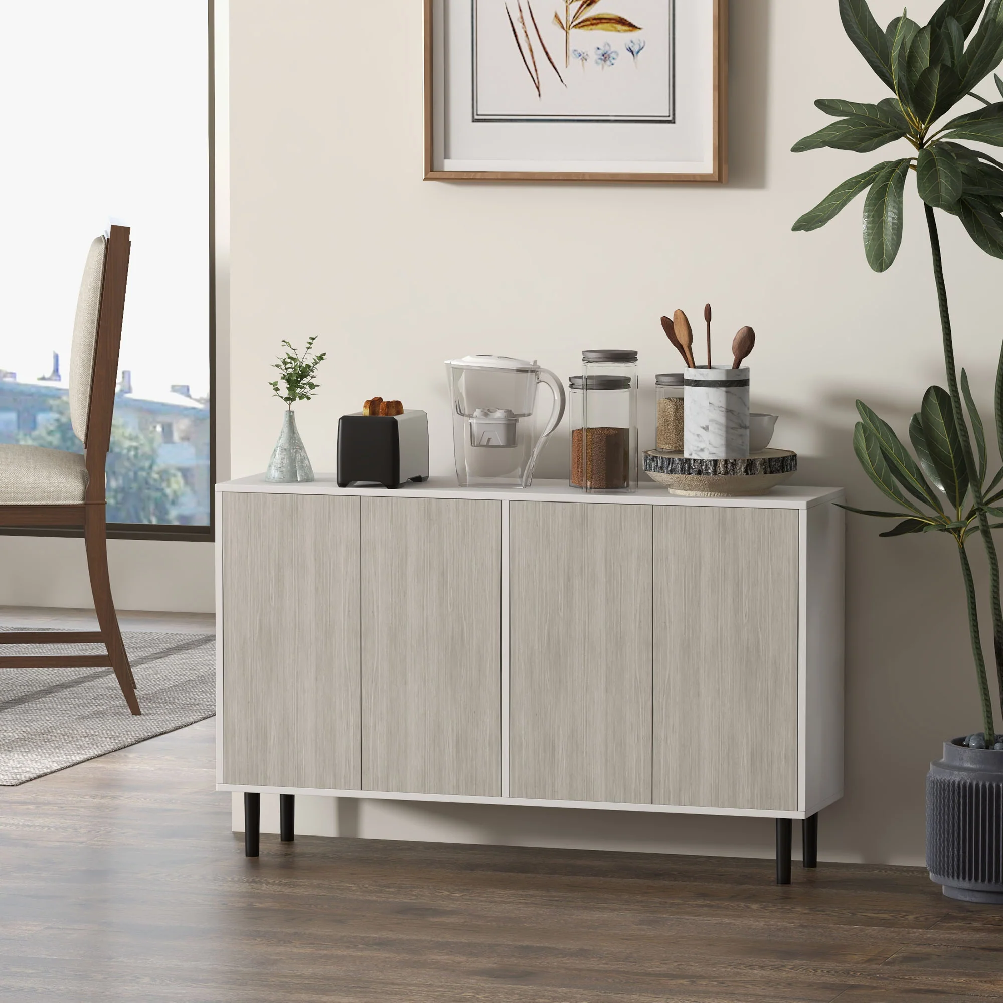 Modern Sideboard w/ Cupboards,  Adjustable Shelves & Solid Wood Legs for Living Room, White - Image 4