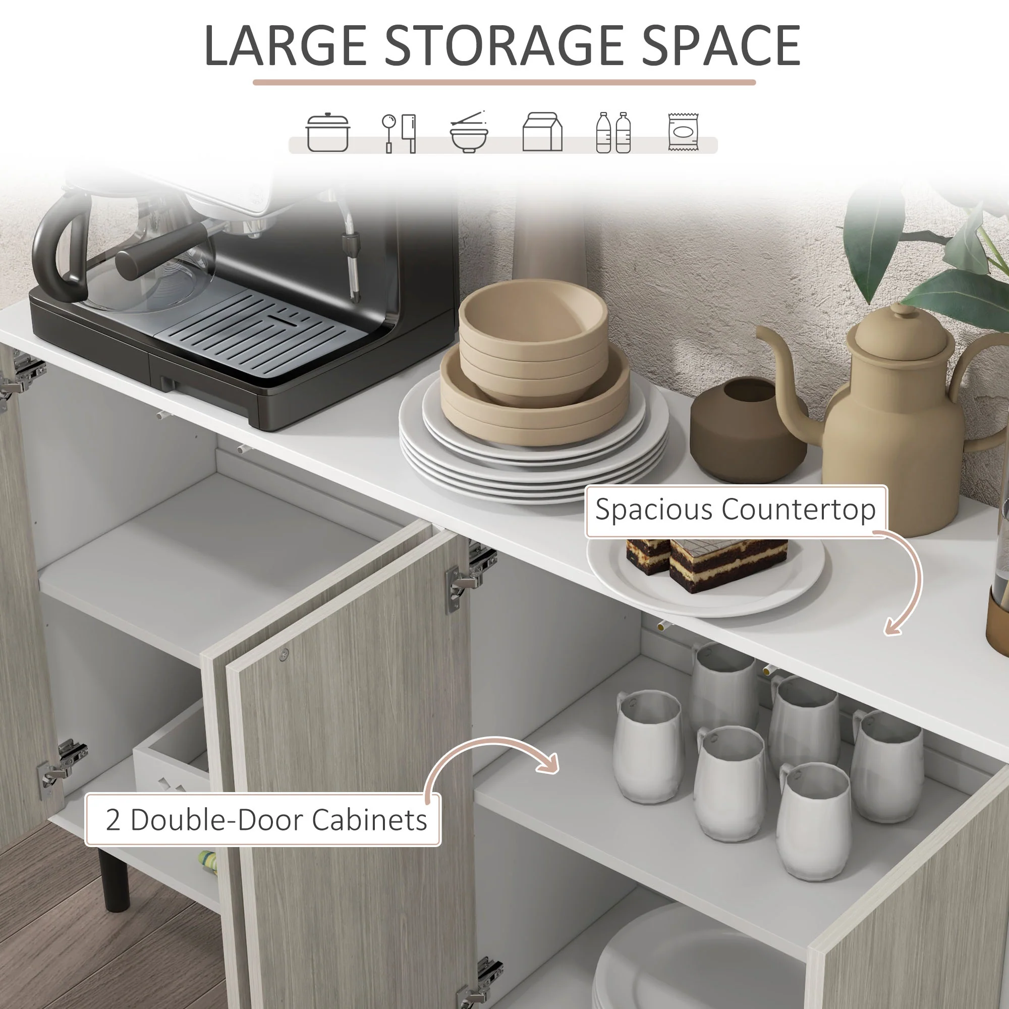 Modern Sideboard w/ Cupboards,  Adjustable Shelves & Solid Wood Legs for Living Room, White - Image 6