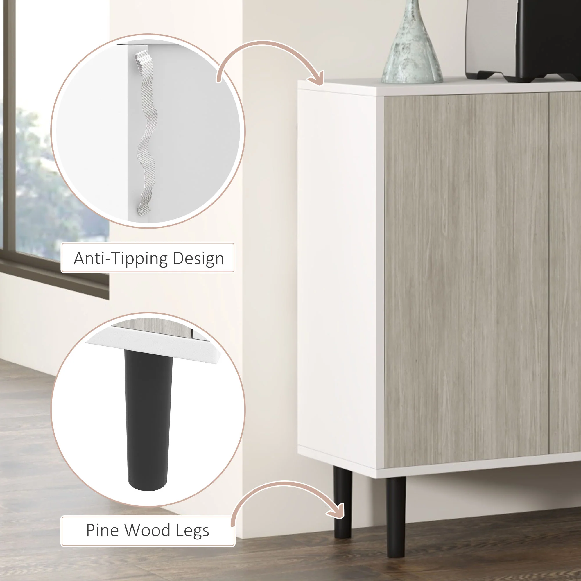Modern Sideboard w/ Cupboards,  Adjustable Shelves & Solid Wood Legs for Living Room, White - Image 9