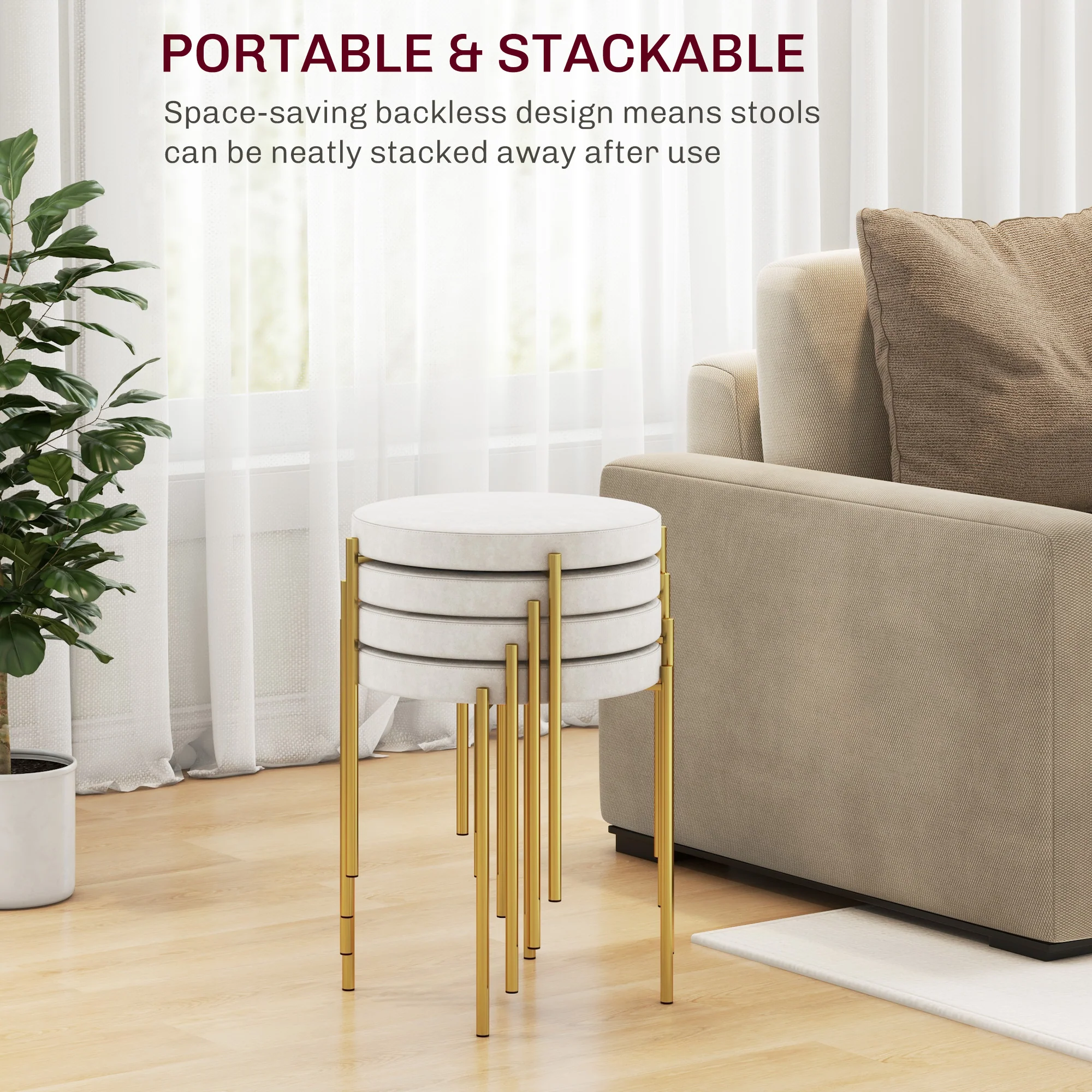 Set of 4 Modern Stacking Stools with Metal Legs Velvet-Touch, Cream White - Image 8