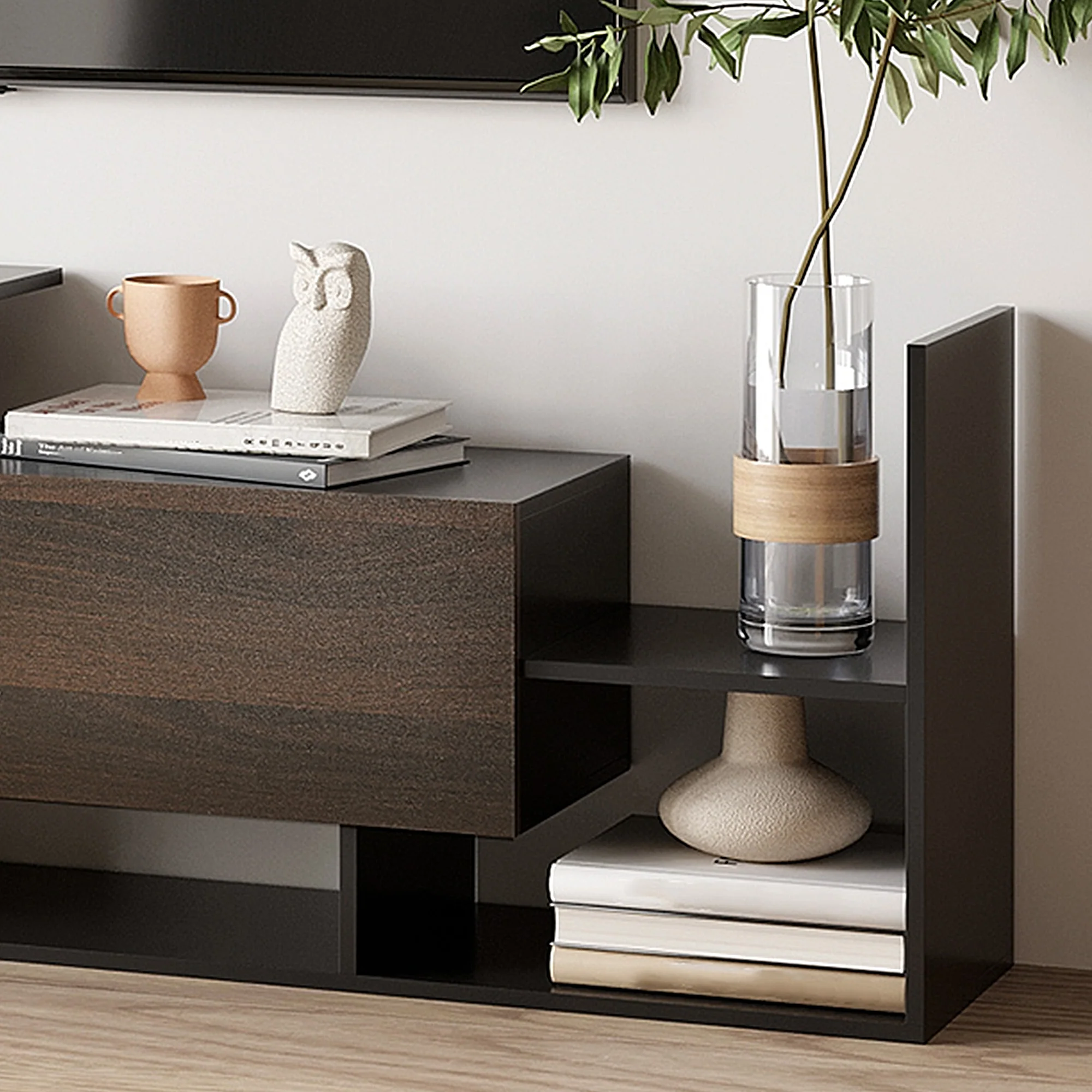 Modern TV Cabinet w/ Wall Shelf for Wall-Mounted 65" TVs or Standing 40" TVs,  Black and Dark Brown - Image 11