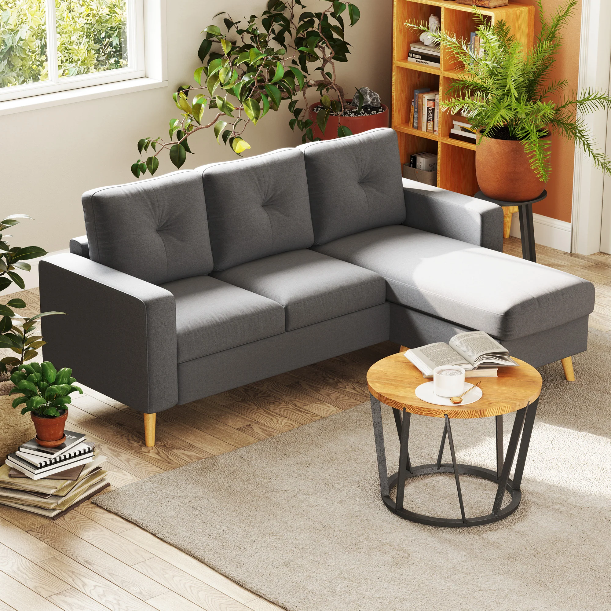 Modular L-Shape Sectional with Reversible Chaise and Wooden Legs, Dark Grey - Image 3