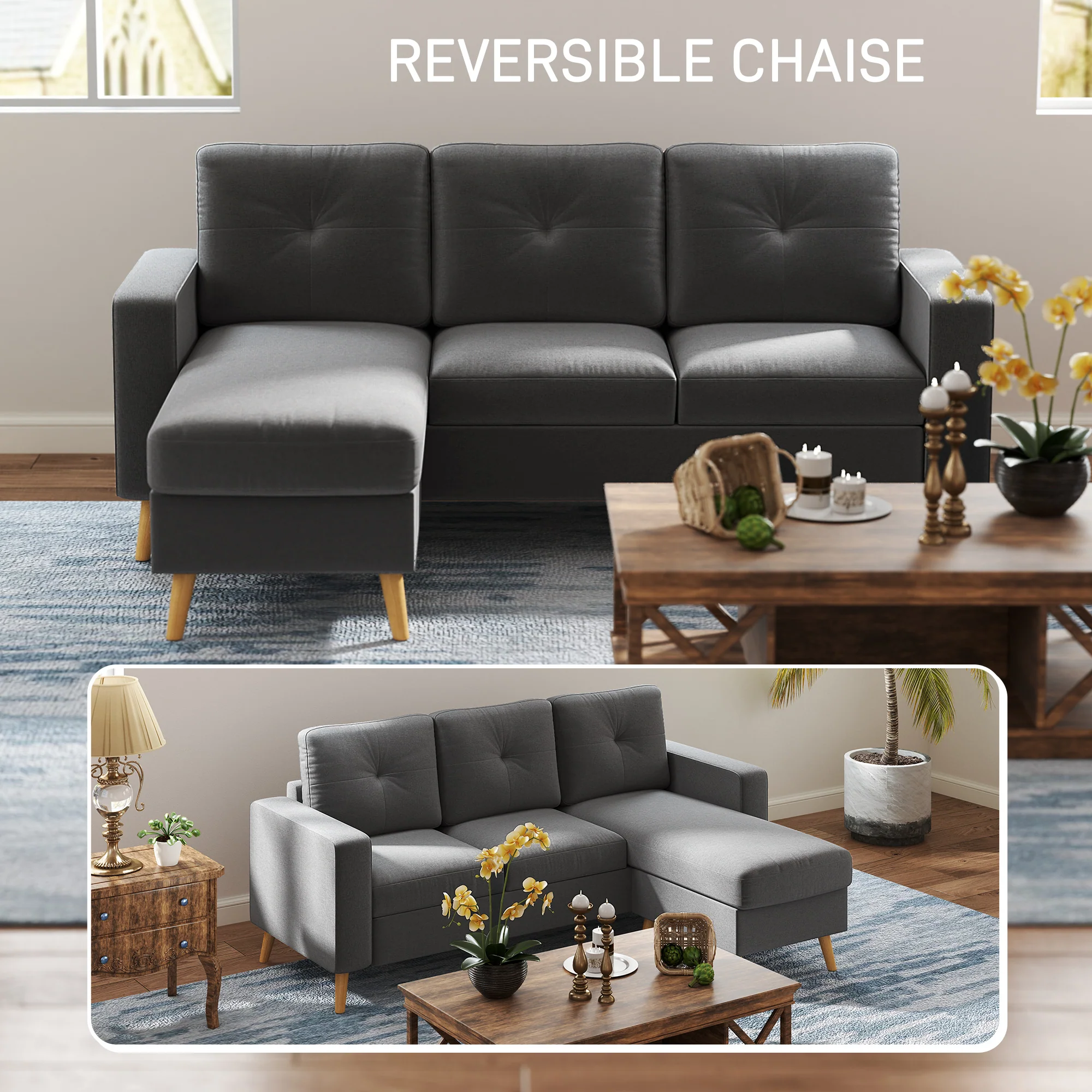 Modular L-Shape Sectional with Reversible Chaise and Wooden Legs, Dark Grey - Image 6