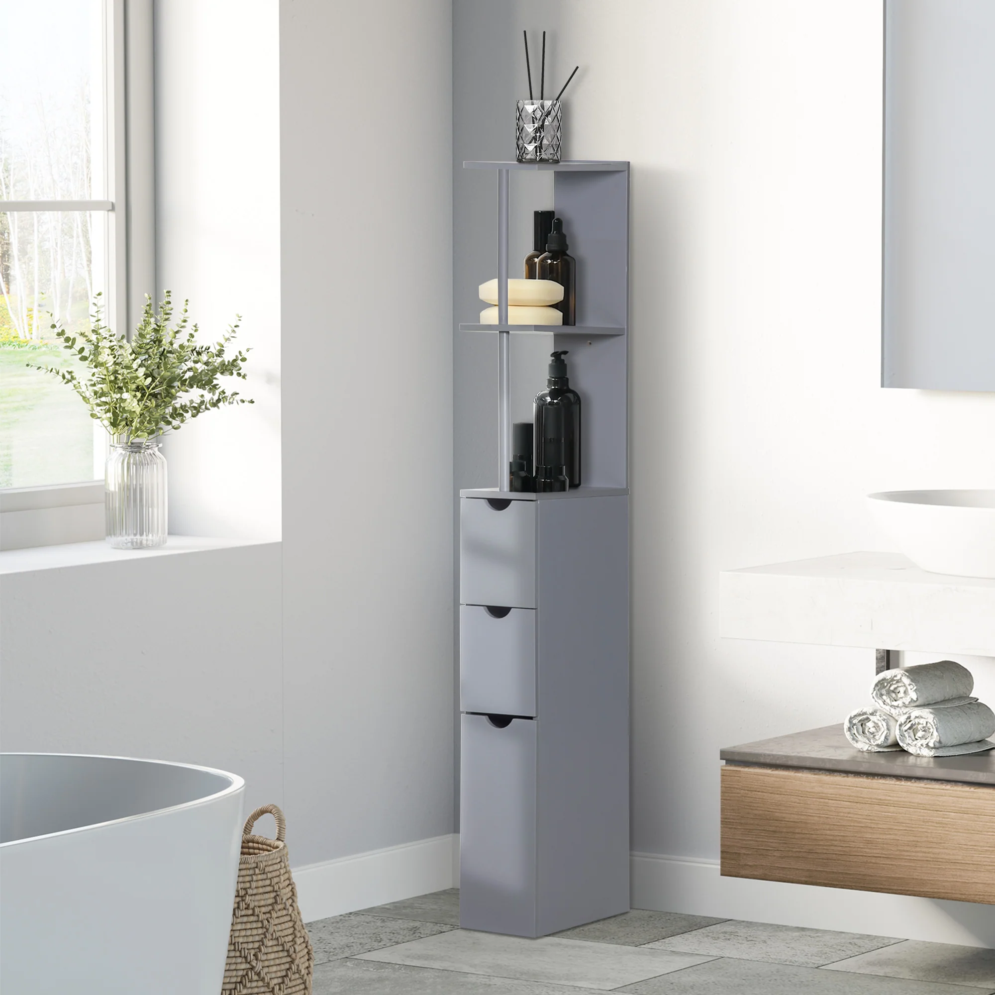 Slim Bathroom Linen Cabinet with Drawers, Cabinet & Open Shelves for Space Saving, Grey - Image 3