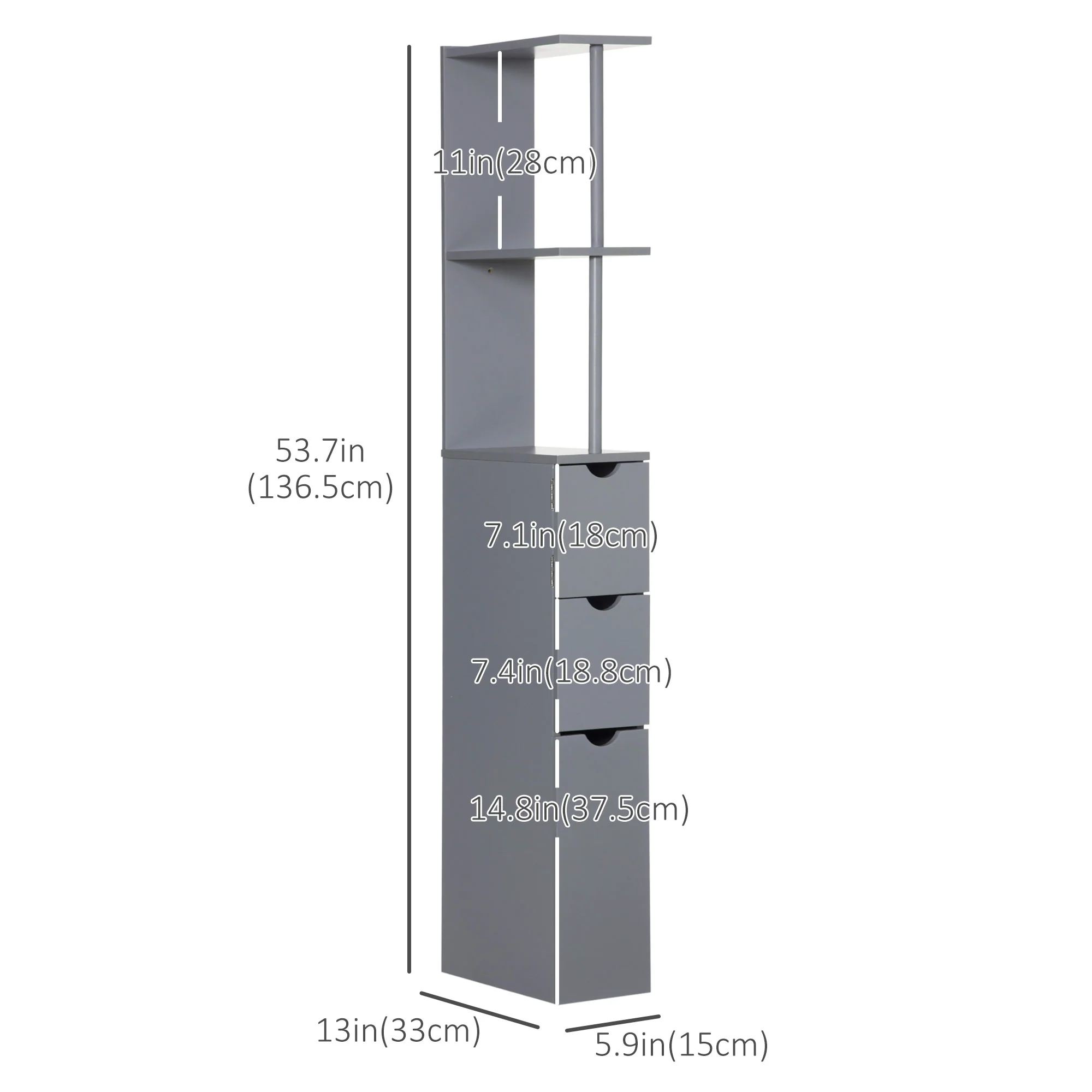 Slim Bathroom Linen Cabinet with Drawers, Cabinet & Open Shelves for Space Saving, Grey - Image 5