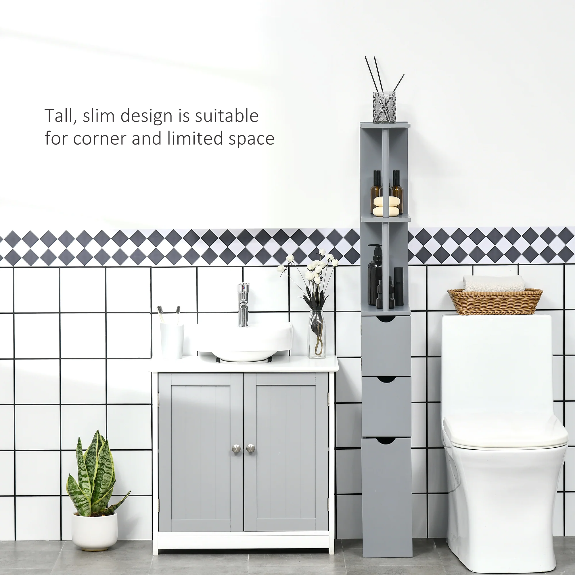 Slim Bathroom Linen Cabinet with Drawers, Cabinet & Open Shelves for Space Saving, Grey - Image 7