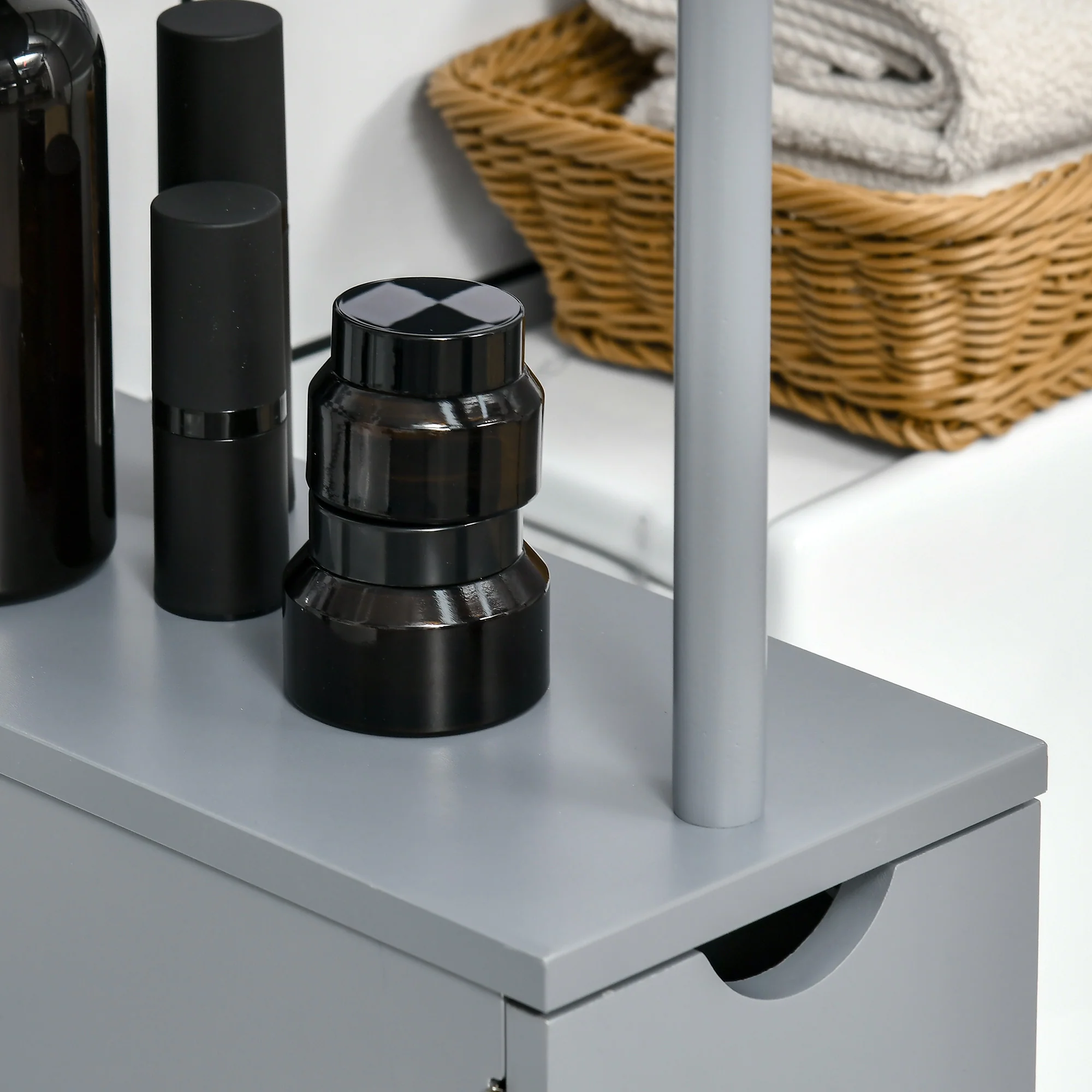 Slim Bathroom Linen Cabinet with Drawers, Cabinet & Open Shelves for Space Saving, Grey - Image 9